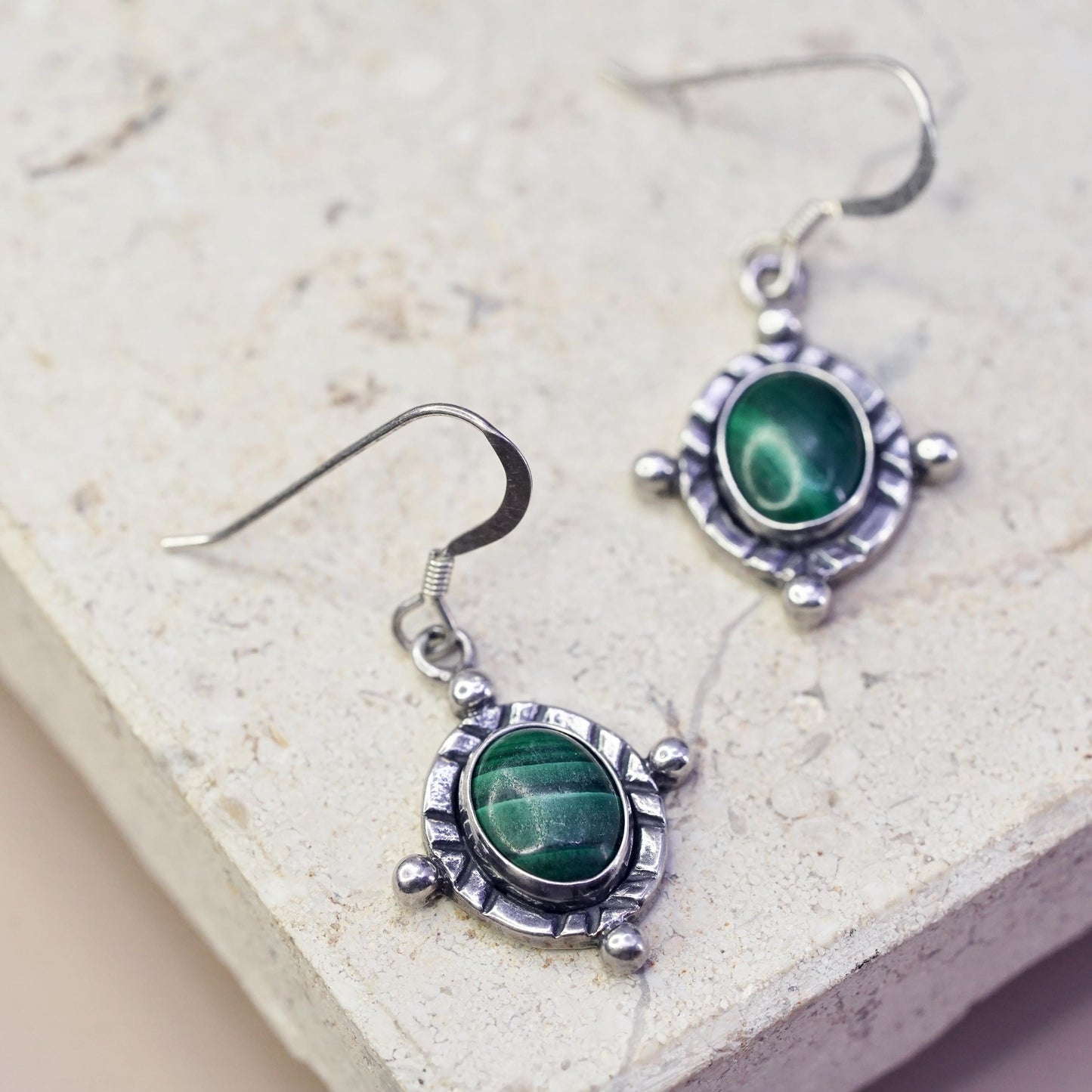 Vintage mexico sterling silver handmade earrings, 925 dangles oval malachite