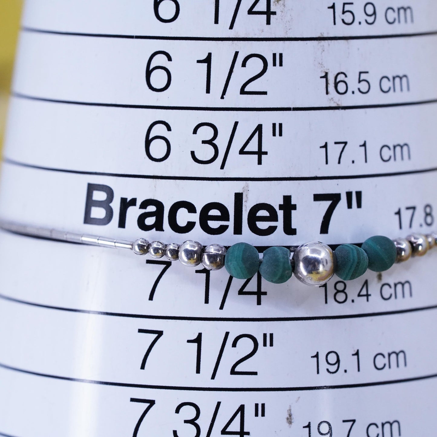7.25", vintage sterling silver bracelet, liquid 925 Silver with malachite beads