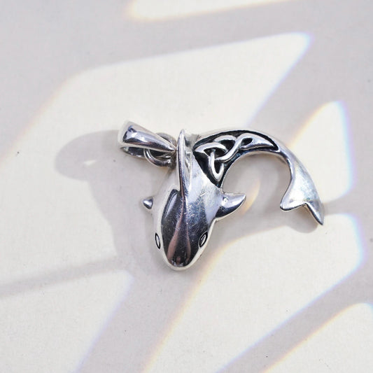 Sterling Silver Shark Pendant, Celtic Shark Necklace Charm, 925 Ocean Jewelry