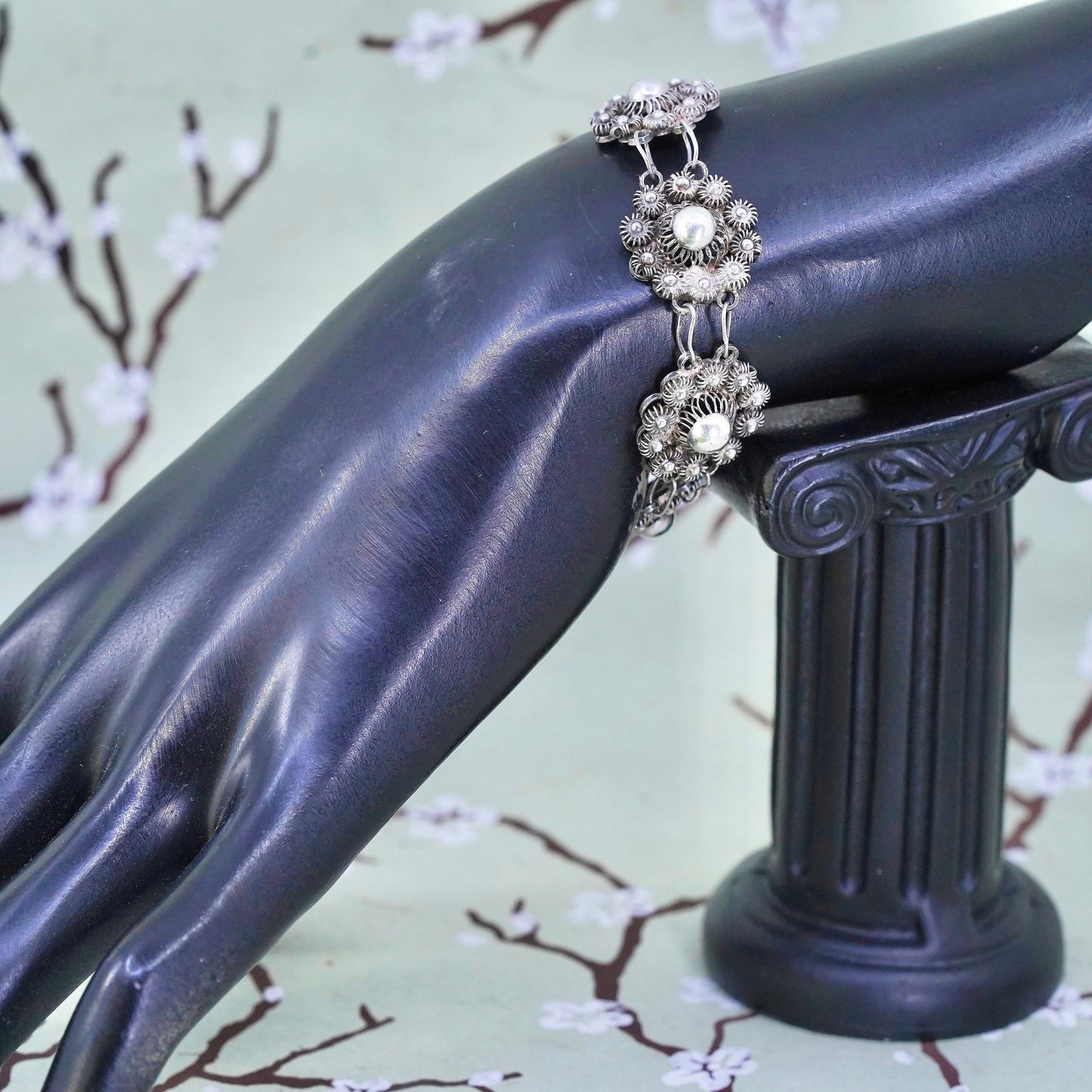 5.75", VTG sterling silver handmade bracelet, 800 filigree flower link chain