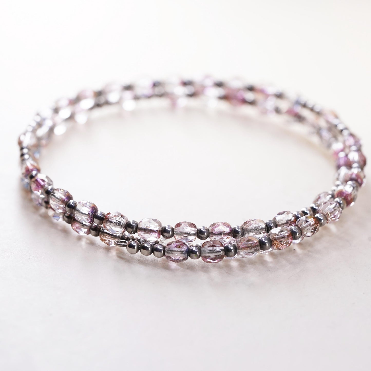 7", Vintage sterling silver handmade bracelet, 925 bangle with pink crystal