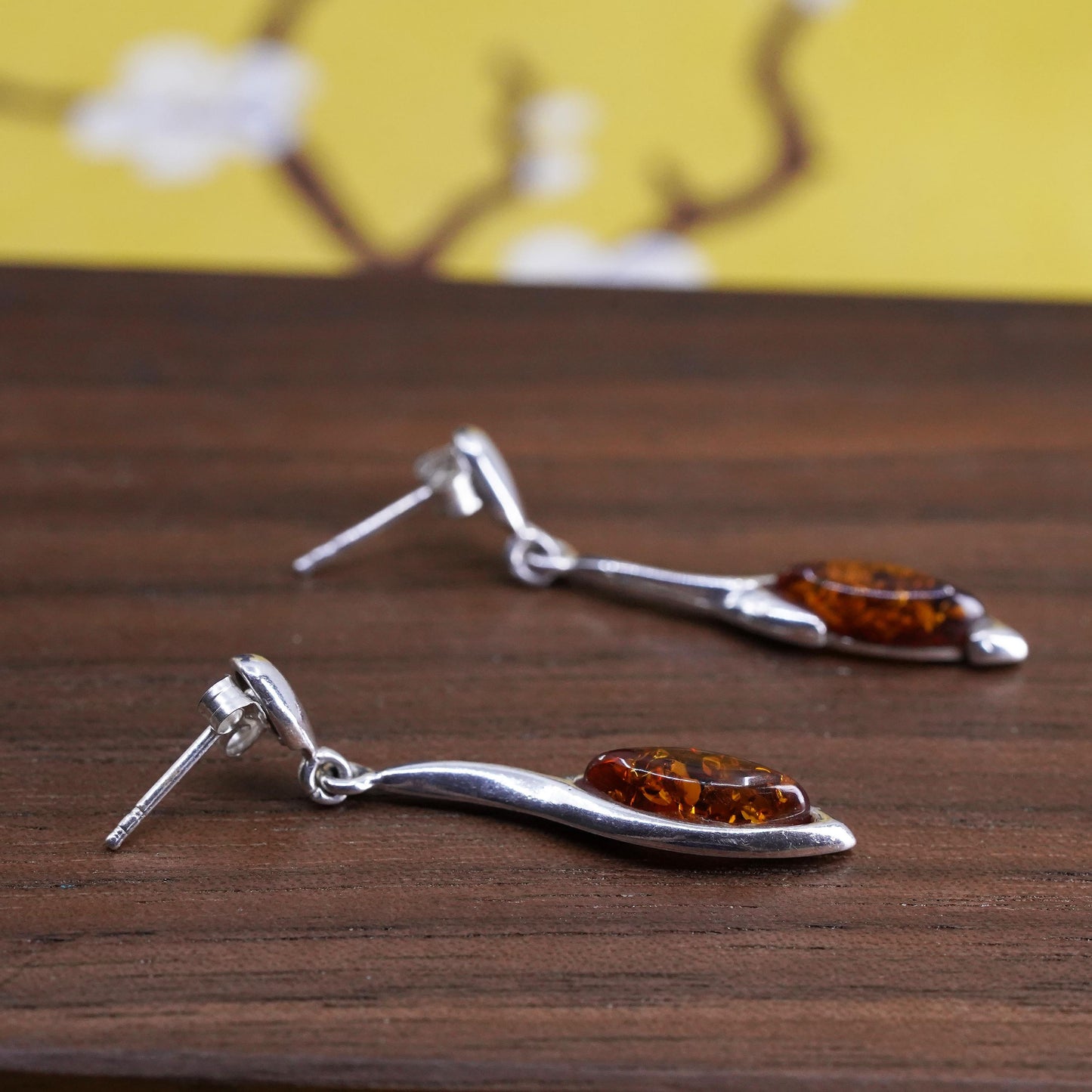 Vintage Sterling 925 silver handmade earrings with amber drops