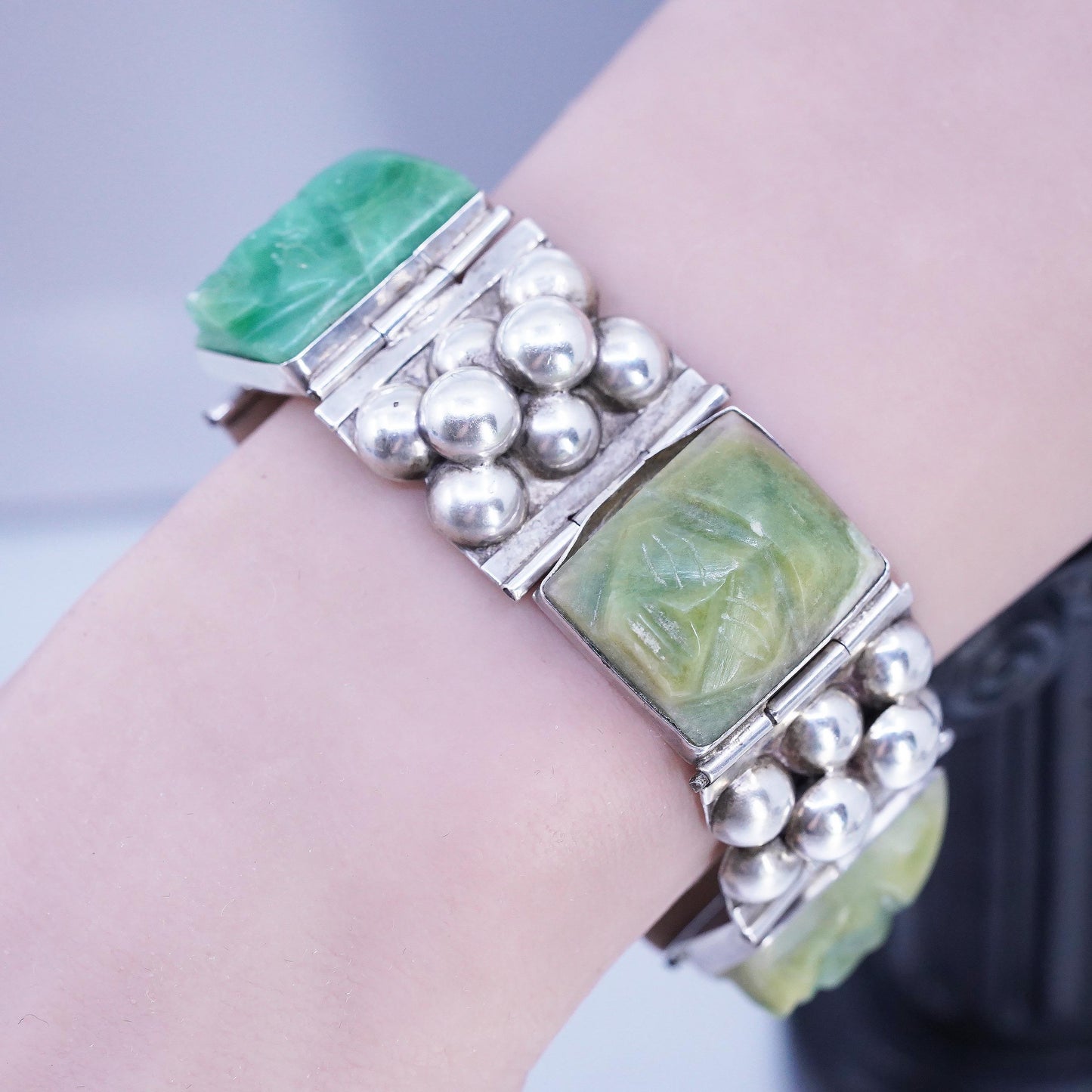 6", DEFECTED! Mexican Sterling Silver Carved Jade Face Mask Panel Bracelet
