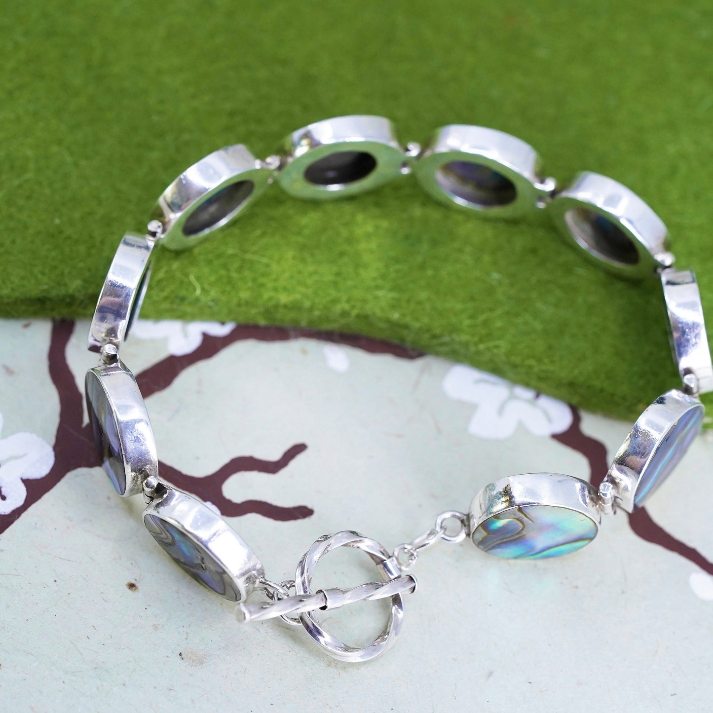7”, vintage sterling 925 silver handmade bracelet with abalone