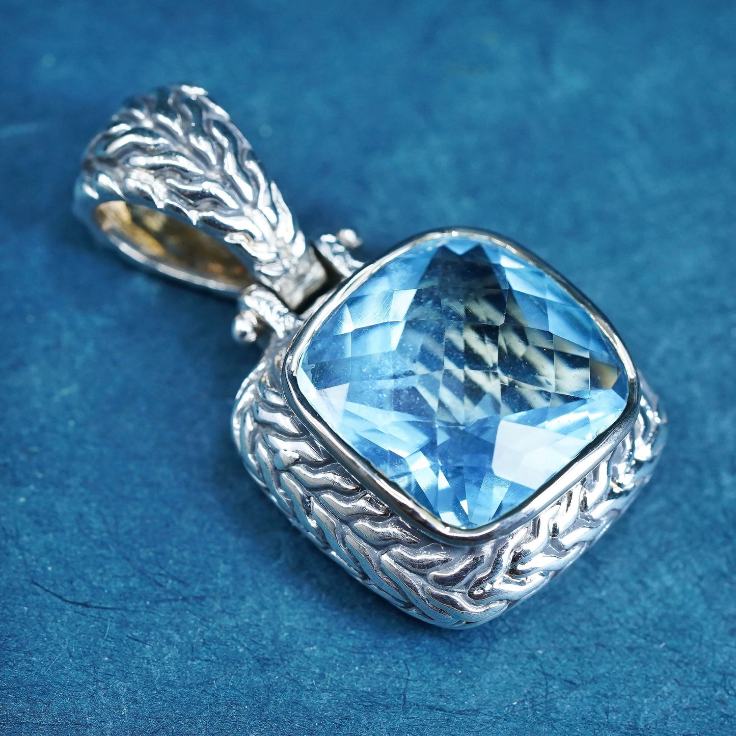Vintage sterling 925 silver square pendant with checker cut blue topaz