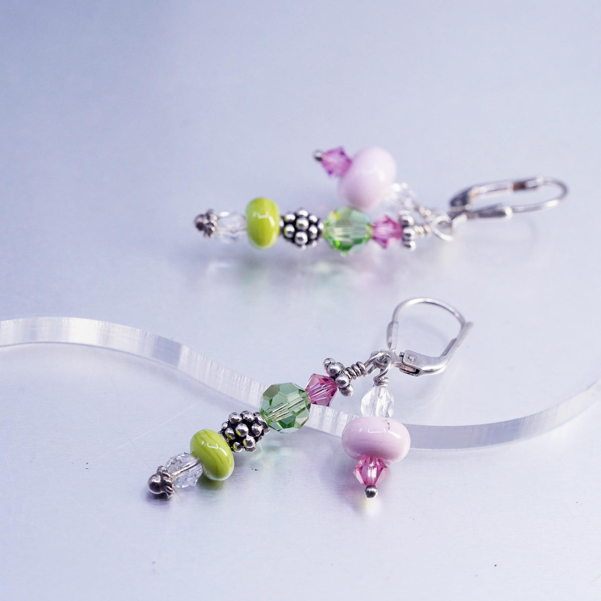 Vinatge sterling silver earrings, 925 lever back hooks with pink green beads