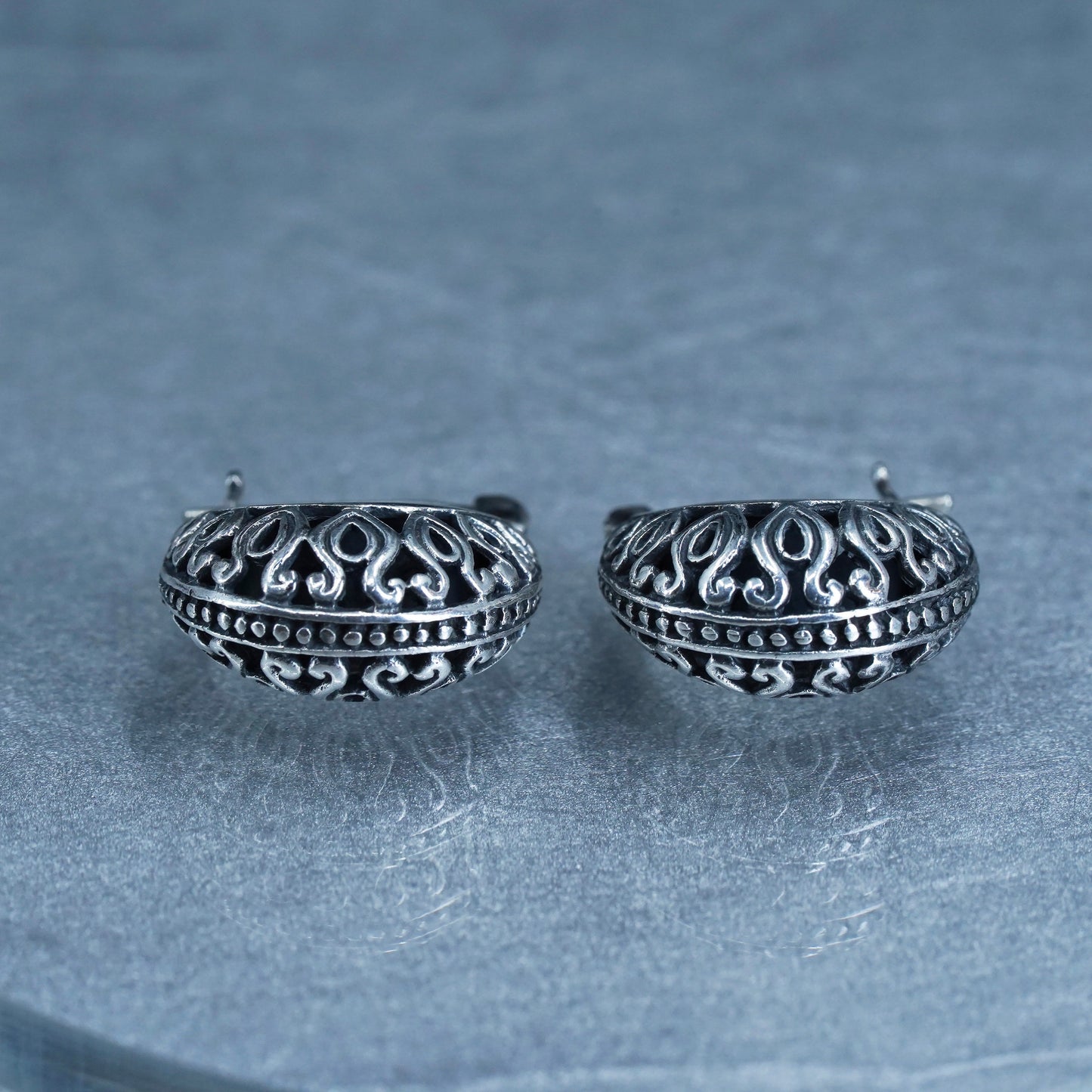 0.5”, vintage Sterling silver handmade earrings, 925 filigree huggie hoops