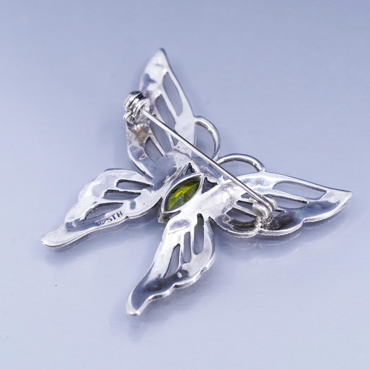 sterling silver brooch, 925 butterfly pin with peridot garnet and Marcasite