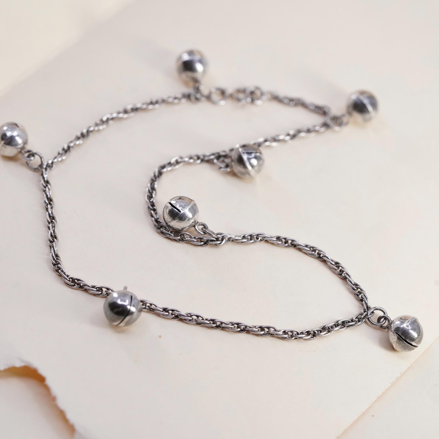 10.75”, sterling silver anklet bracelet, 925 Singapore rope bell chime charms