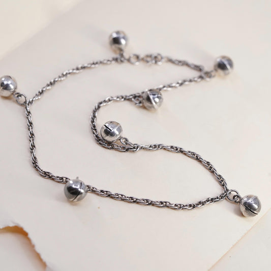 10.75”, sterling silver anklet bracelet, 925 Singapore rope bell chime charms