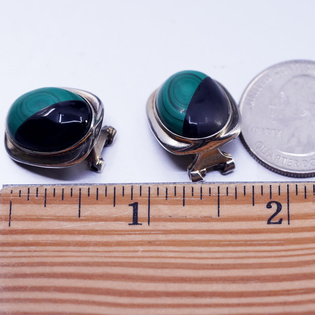 Vintage Sterling 925 silver handmade earrings, clip on w/ black onyx malachite
