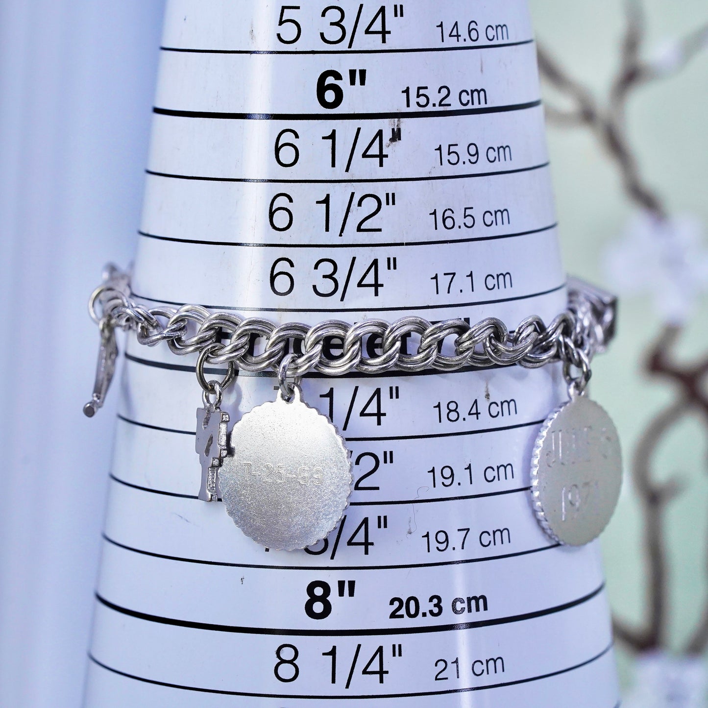 7", 7mm, Vintage sterling silver bracelet, 925 double curb chain with 5 charms