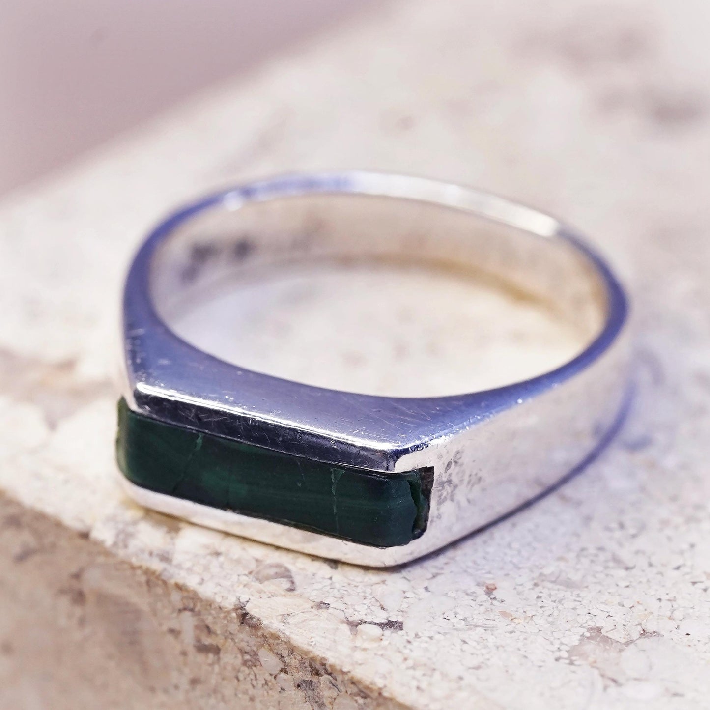 Size 7.25, vintage Sterling silver engagement ring, 925 band with malachite