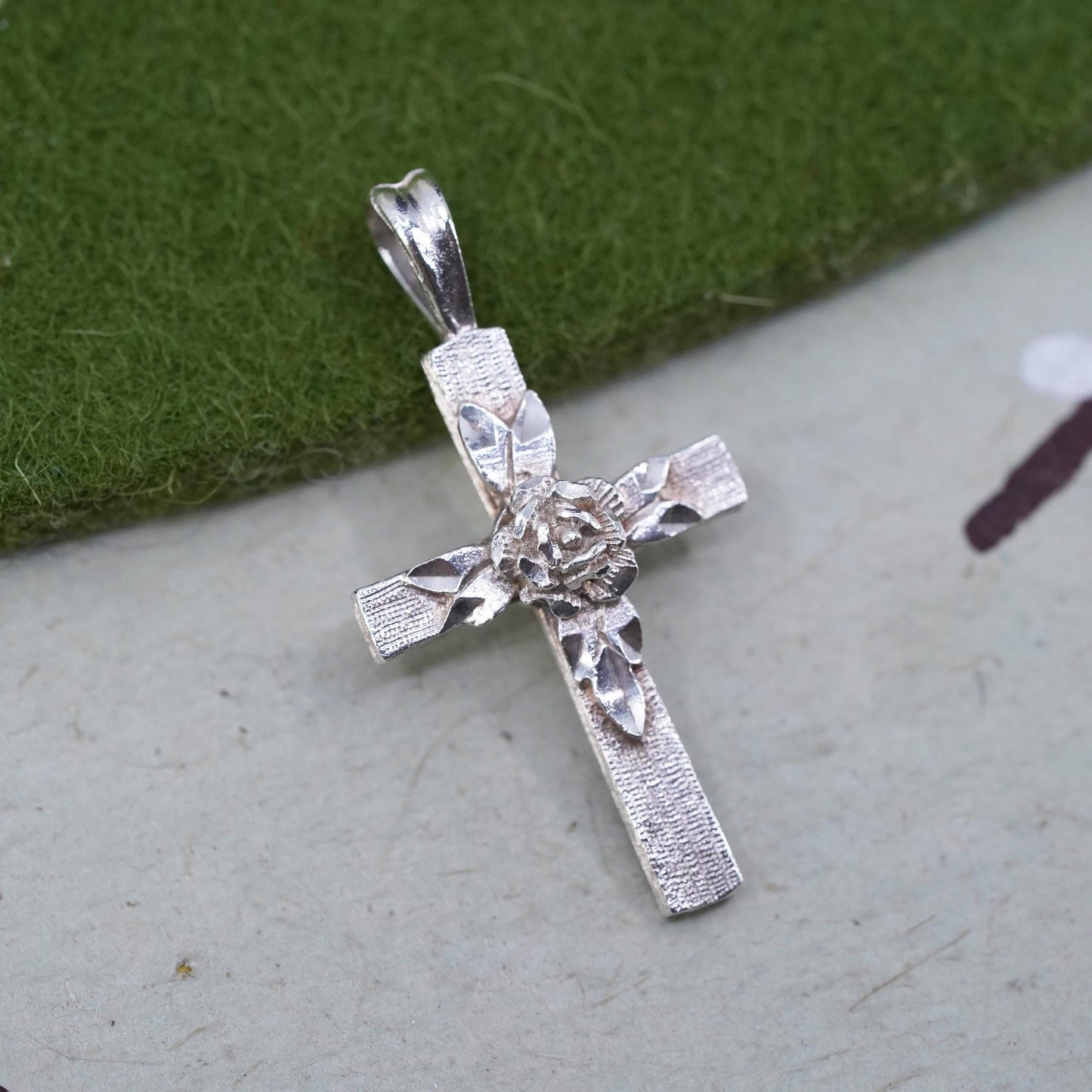 Vintage handmade Sterling silver pendant, 925 cross charm with rose flower