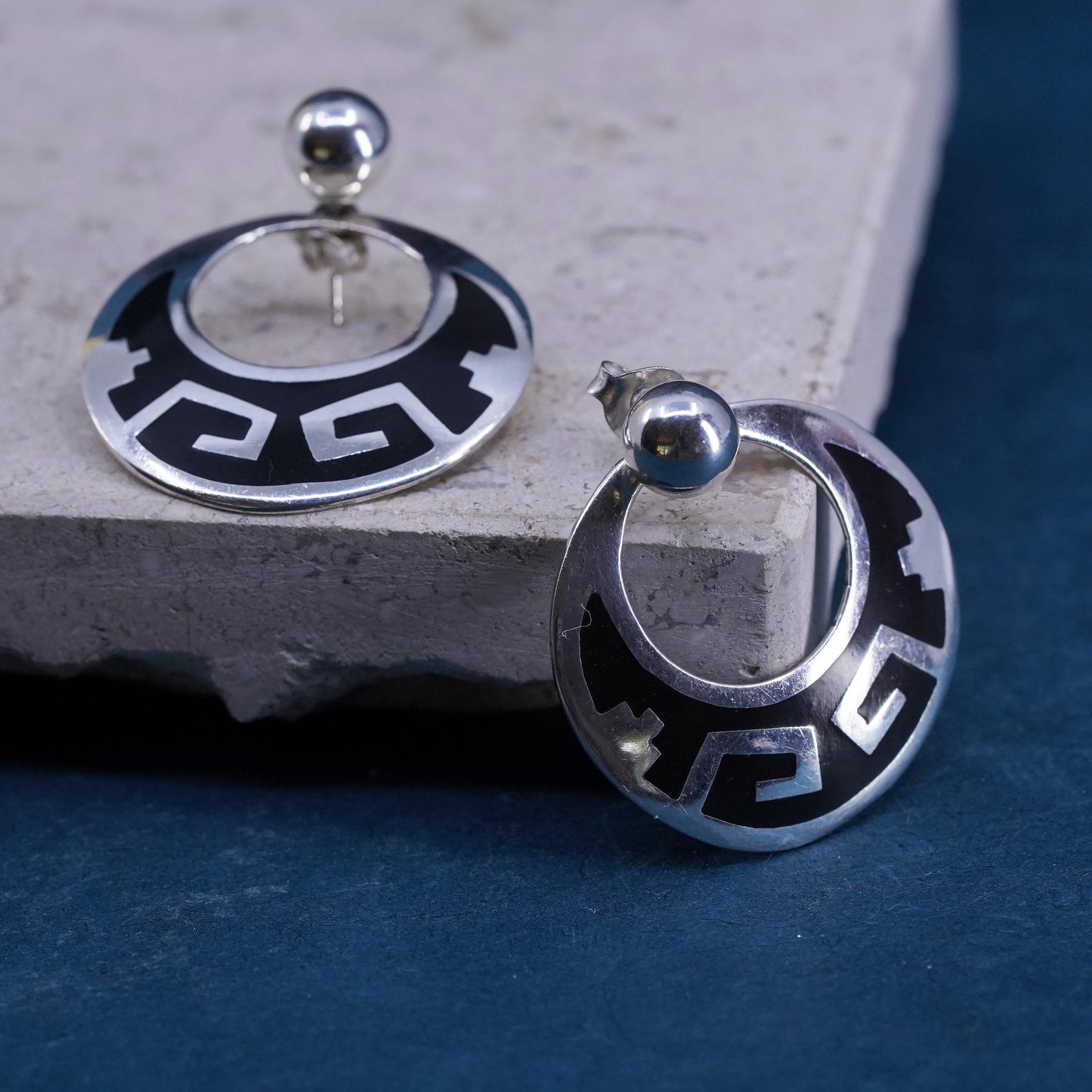 Vintage Mexican Sterling Silver Earrings. 925 circle dangles enamel Greek key