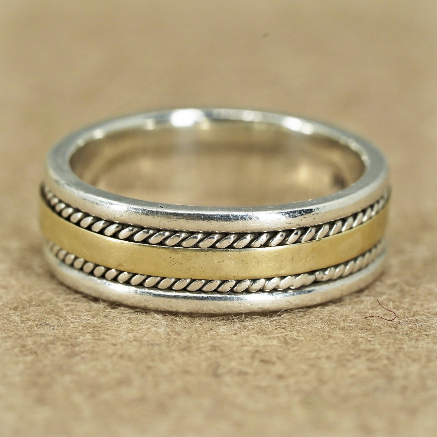 Size 9.25, vintage two tone 10K Sterling 925 silver wedding ring, band