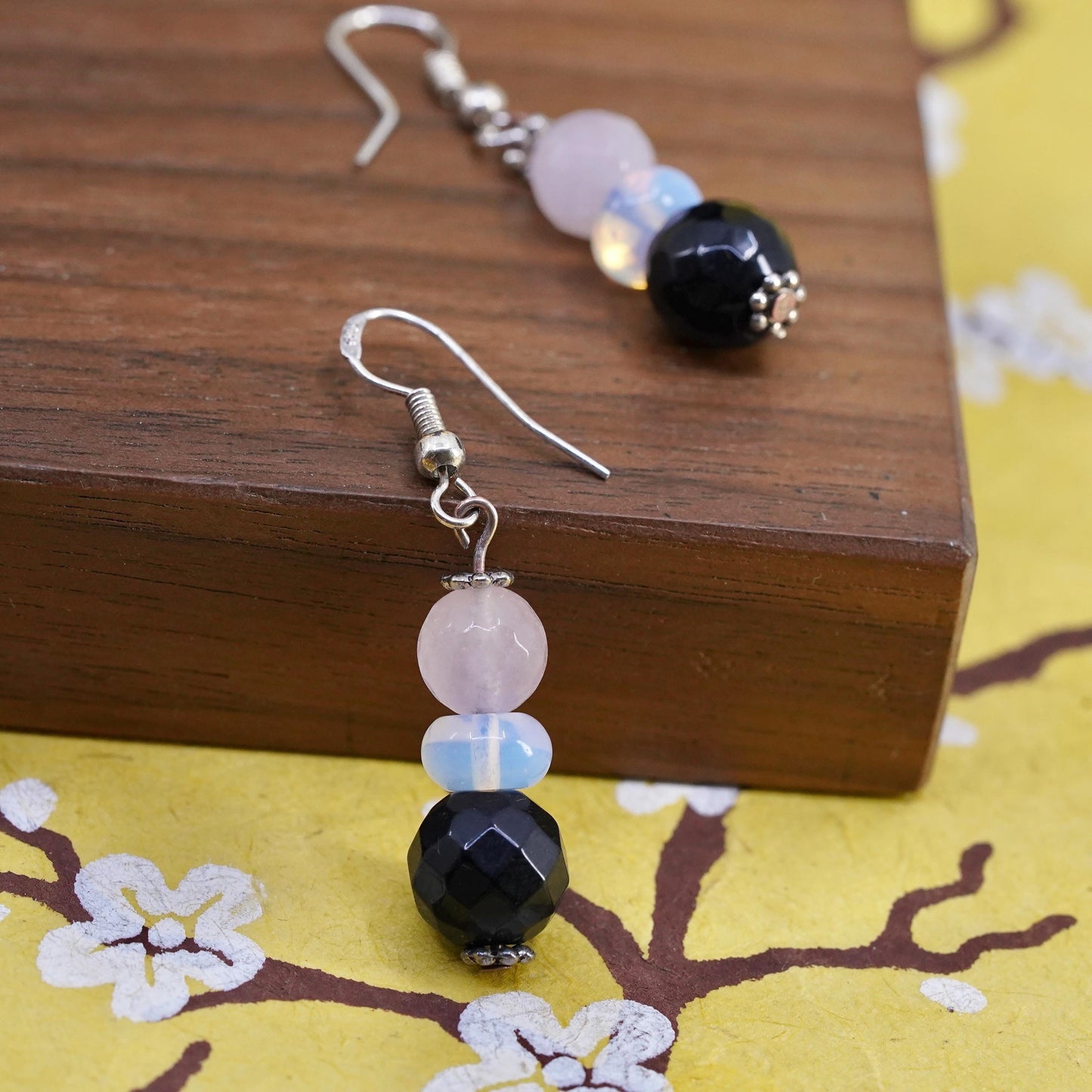 Vintage Sterling 925 silver handmade earrings with onyx opal pink quartz beads
