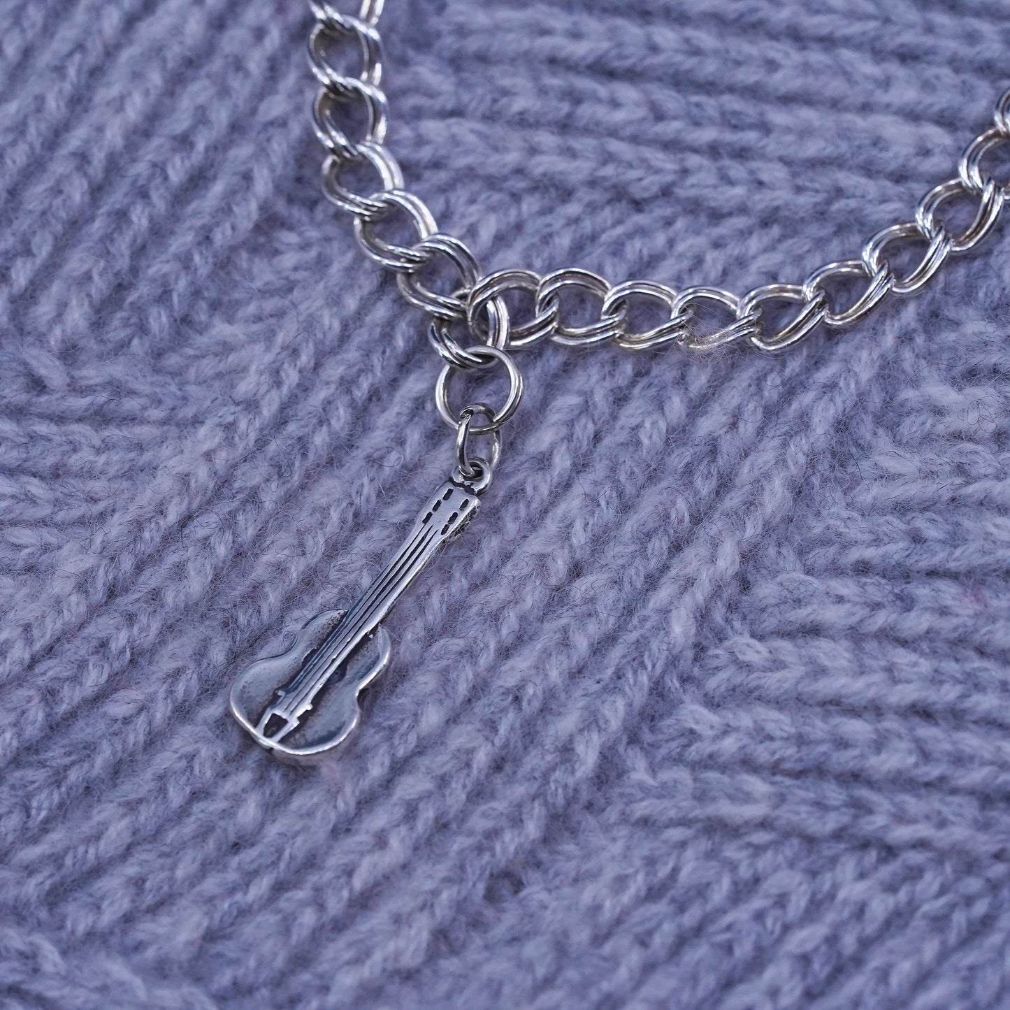 6.75", Italy Sterling silver bracelet, 925 double curb link chain guitar charm