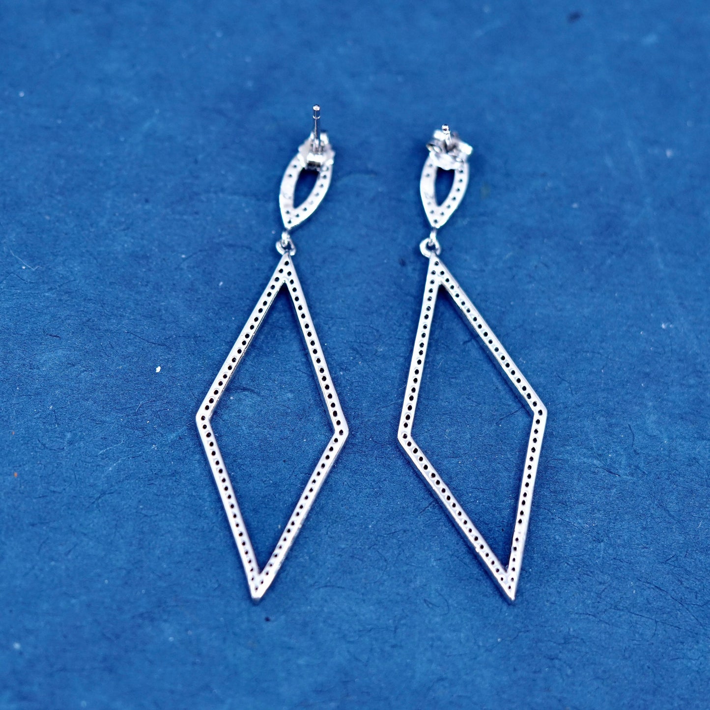 Vintage Sterling silver earrings, 925 diamond shaped dangles with cluster cz