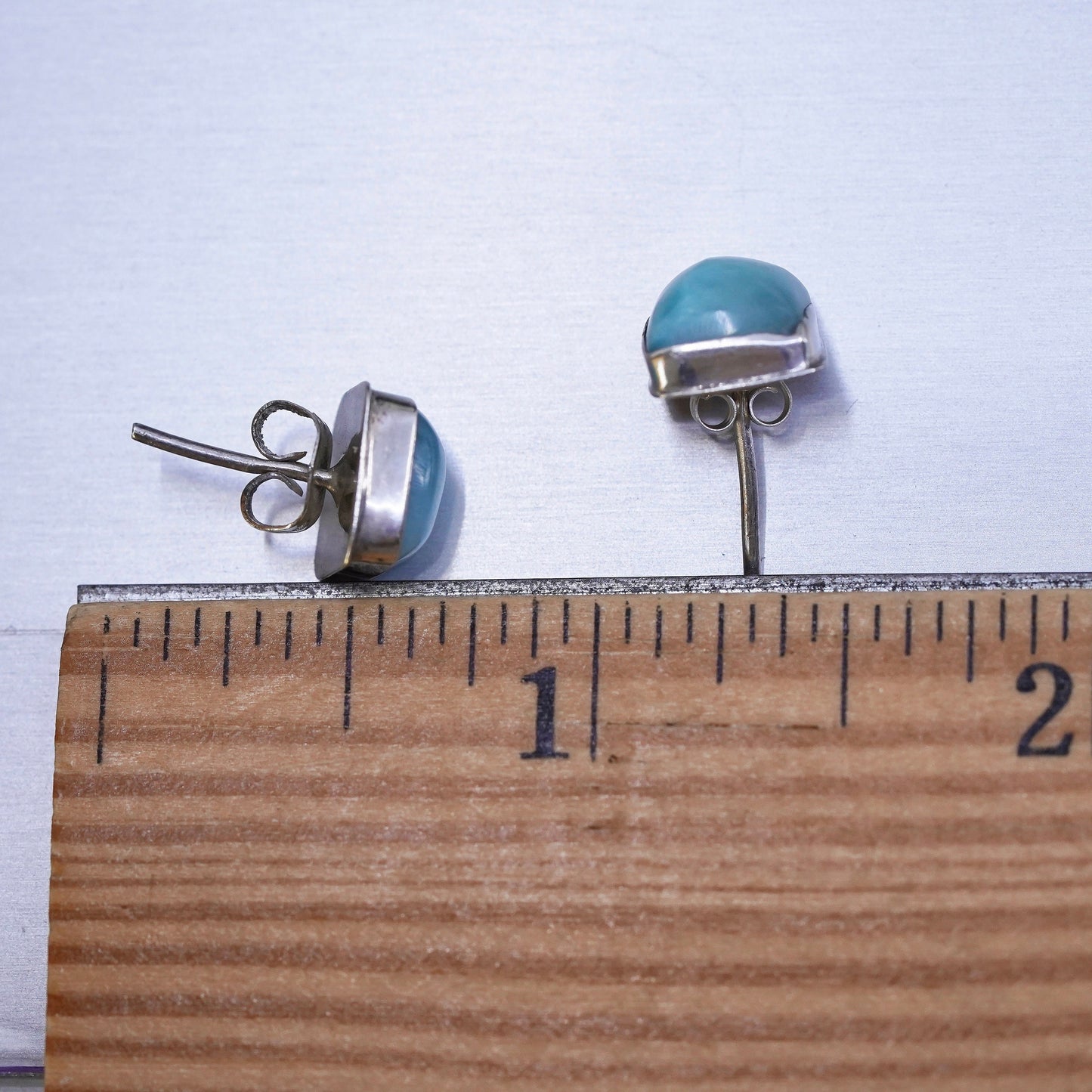 Vintage sterling silver handmade earrings, 925 square studs with Larimar