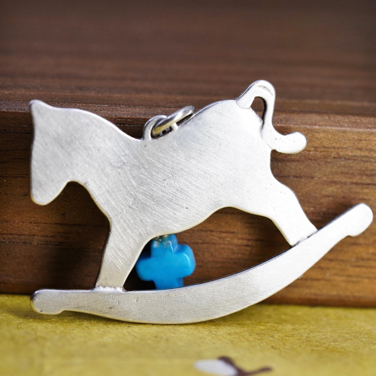 925 Sterling Silver Rocking Horse Pendant Turquoise Cross Charm, Nursery Horse