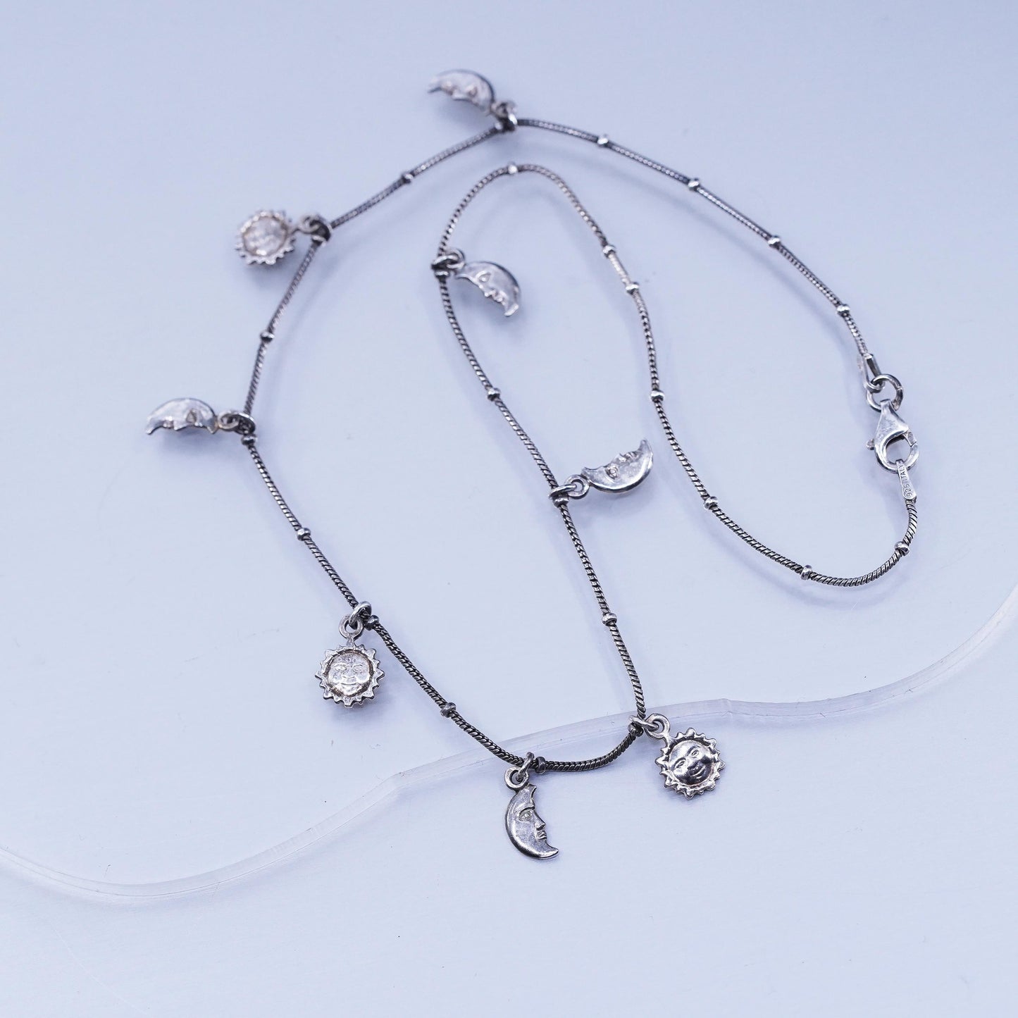 14”, Vintage Sterling 925 silver handmade choker necklace with sun moon charms