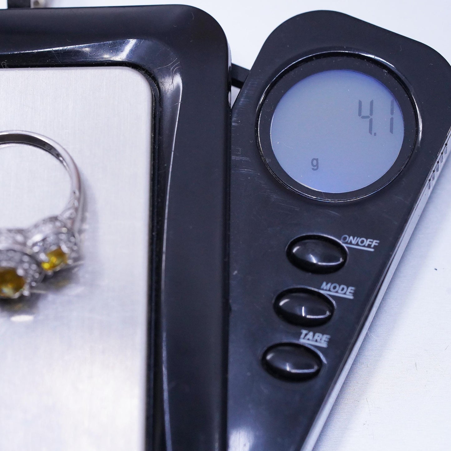 Size 8, VTG Sterling Silver 925 Yellow Citrine Ring, Three Stone Oval Halo Ring