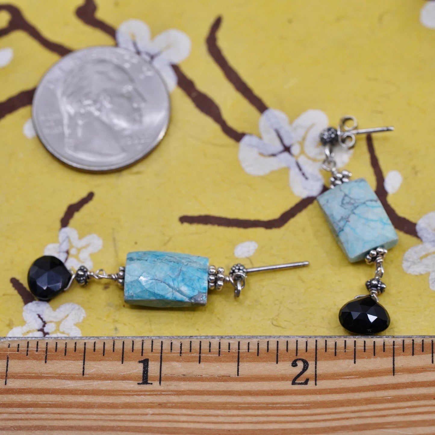 Southwestern Sterling 925 silver handmade earrings with turquoise and onyx