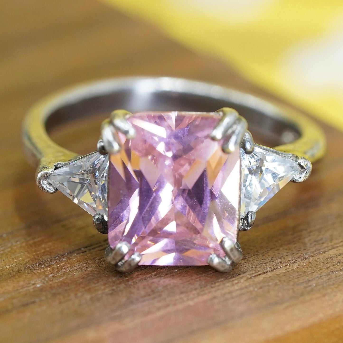 Size 8.25, vintage Sterling 925 silver ring with pink and clear cz