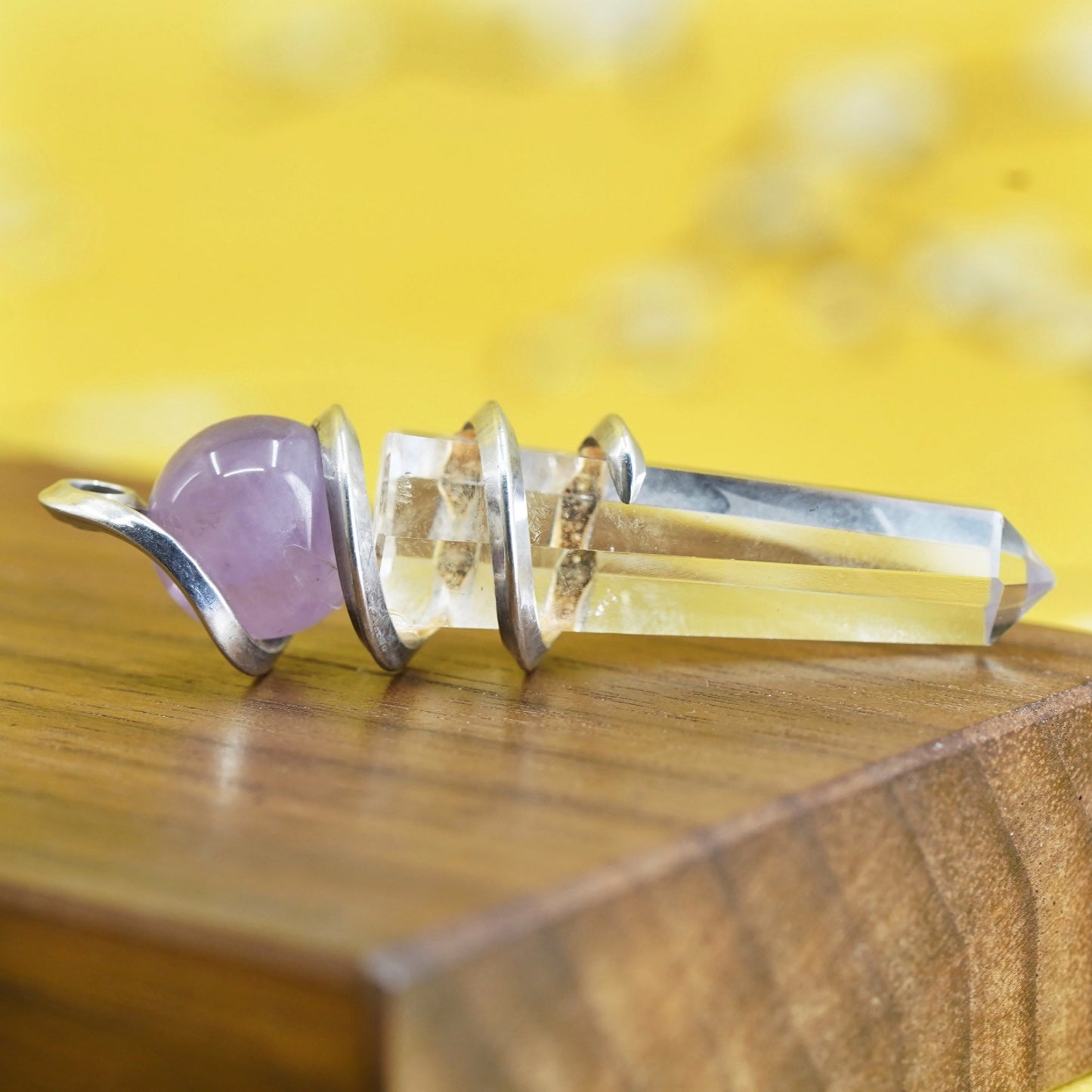 Vintage sterling 925 silver handmade healing crystal wired pendant w/ amethyst