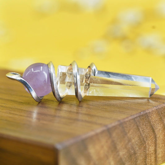 Vintage sterling 925 silver handmade healing crystal wired pendant w/ amethyst