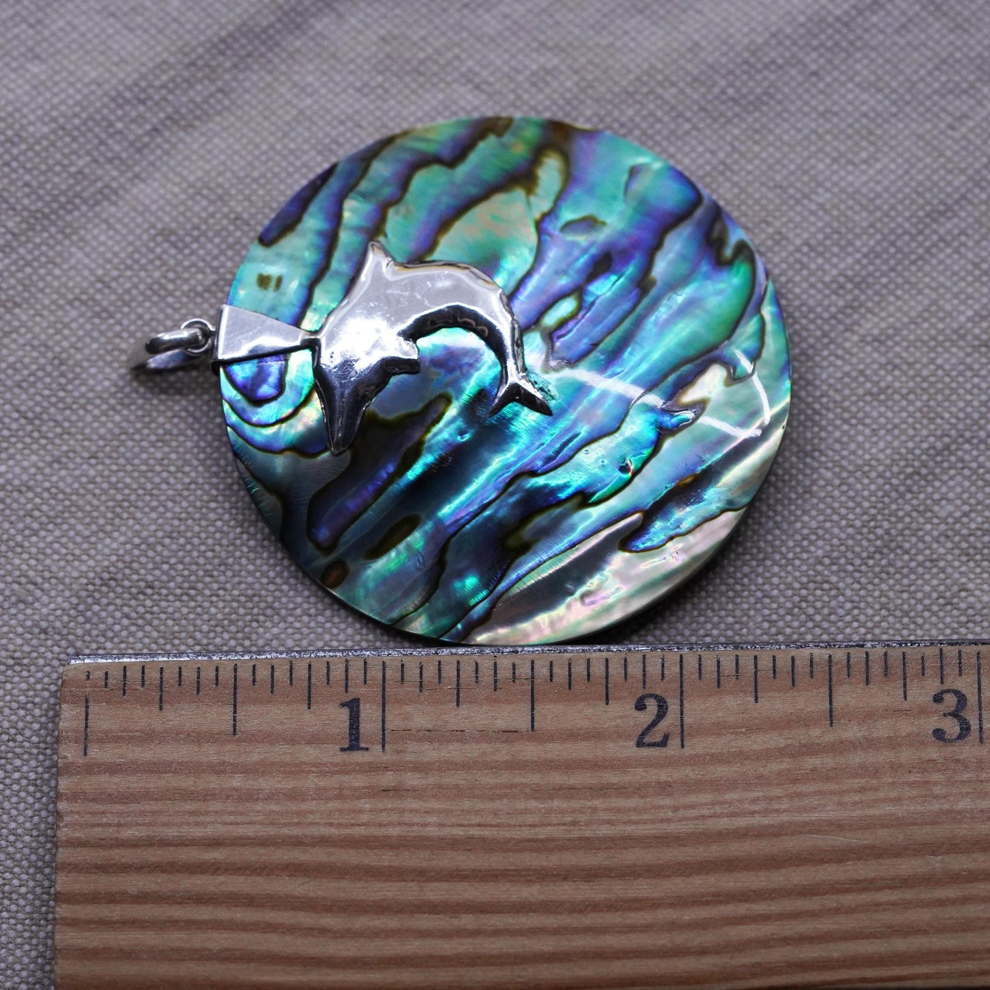 Vintage Sterling 925 silver handmade pendant with round abalone and dolphin