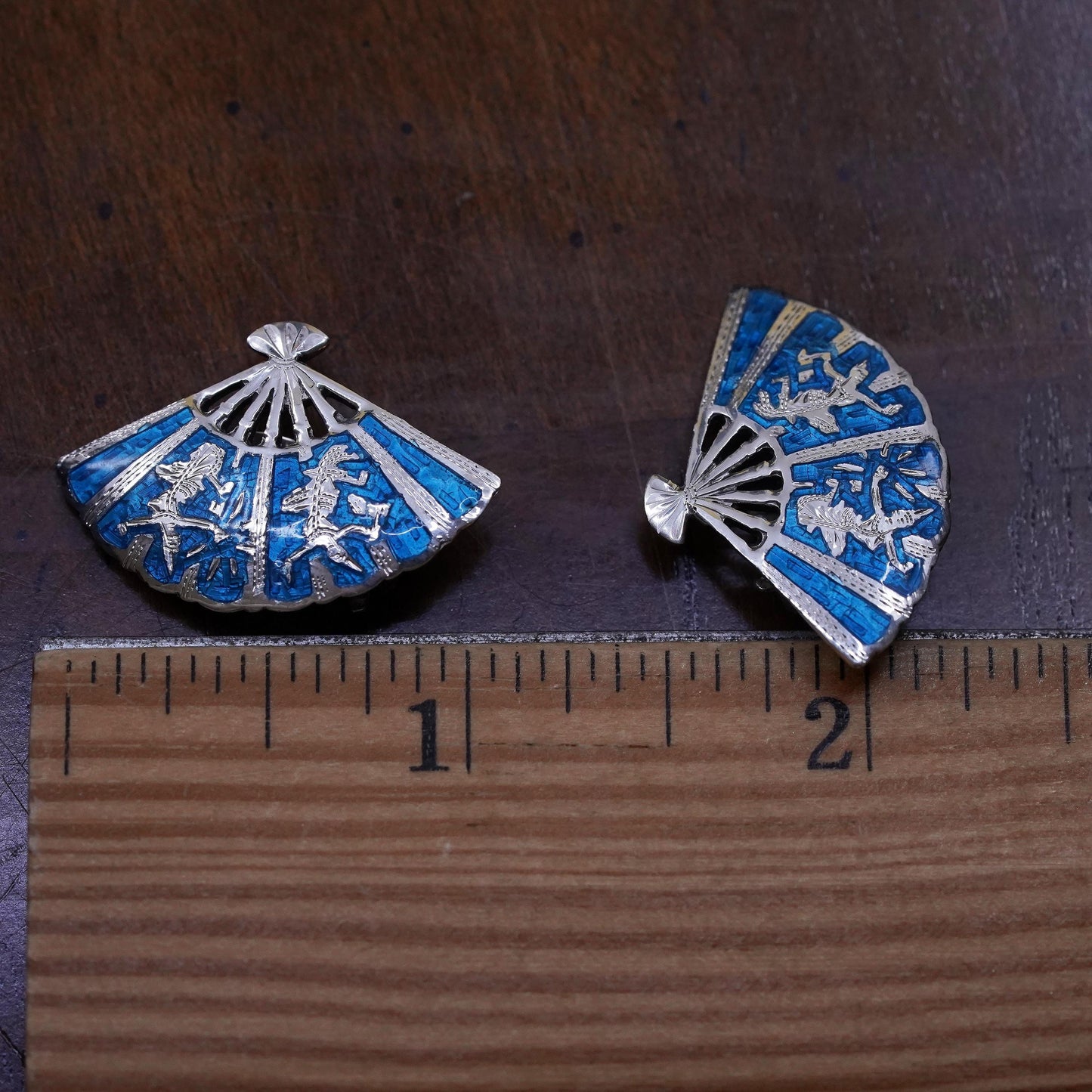 Siam sterling silver clip on, 925 India blue enamel fan earrings, niello silver