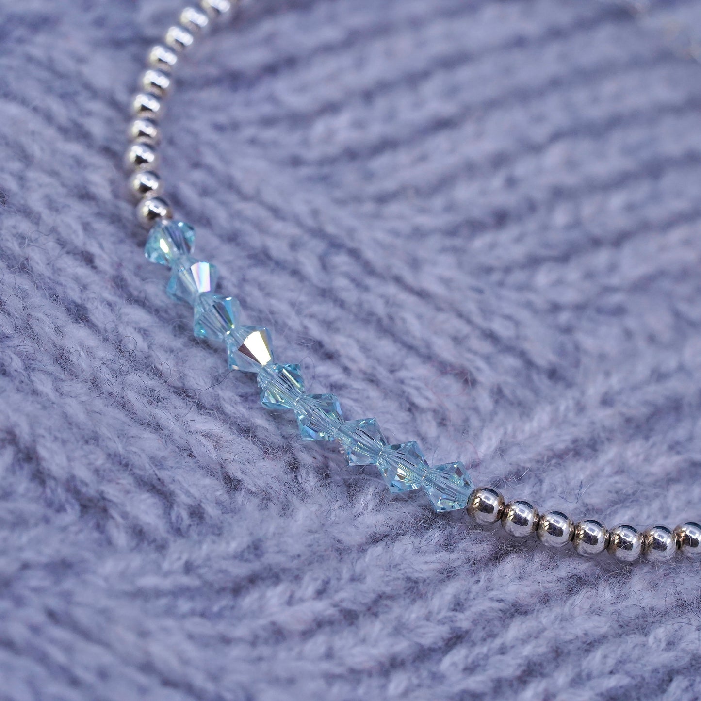 7.25”, vintage sterling 925 silver handmade beads bracelet with blue crystal