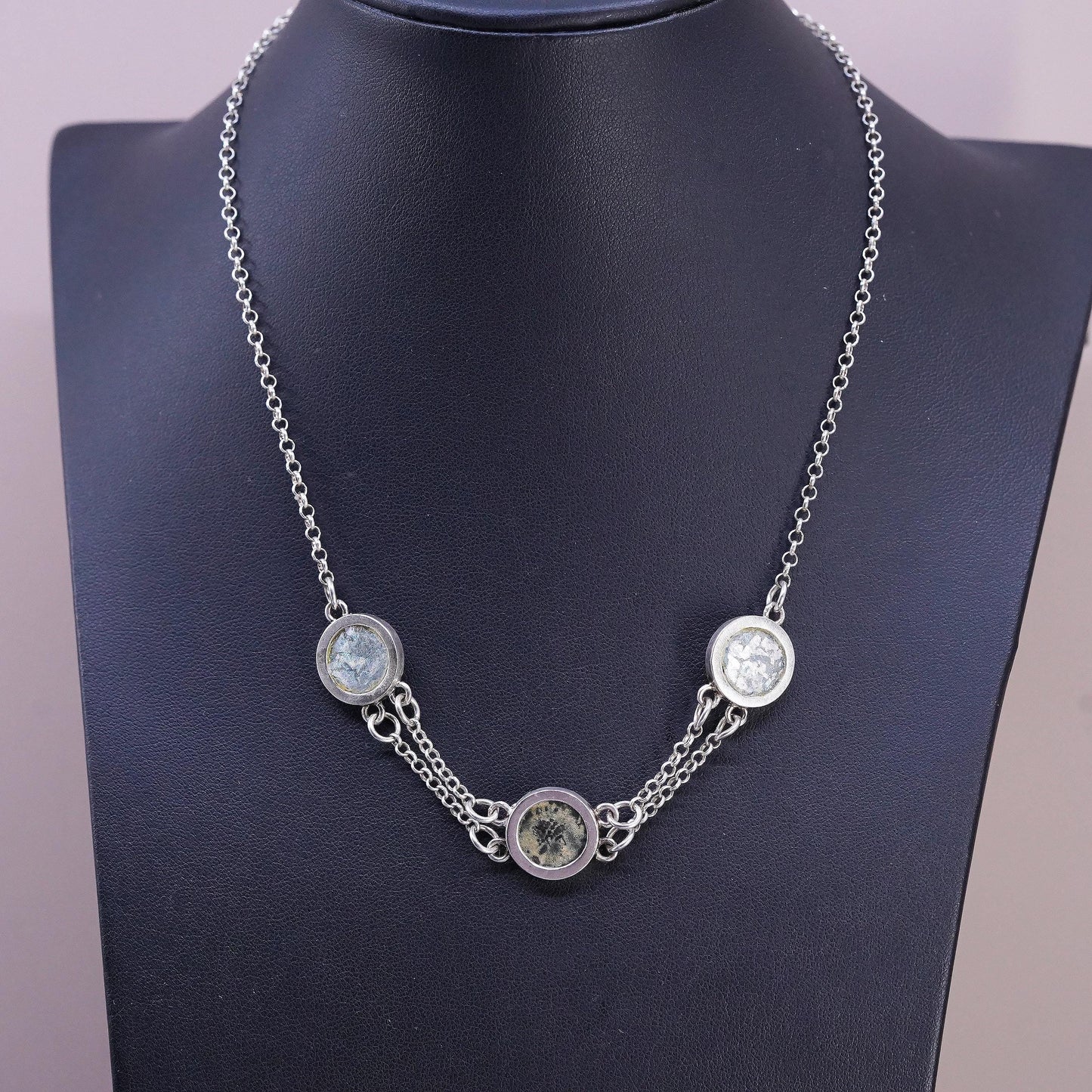 16", VTG Sarda Sterling silver necklace, 925 circle chain Roman glass pendant