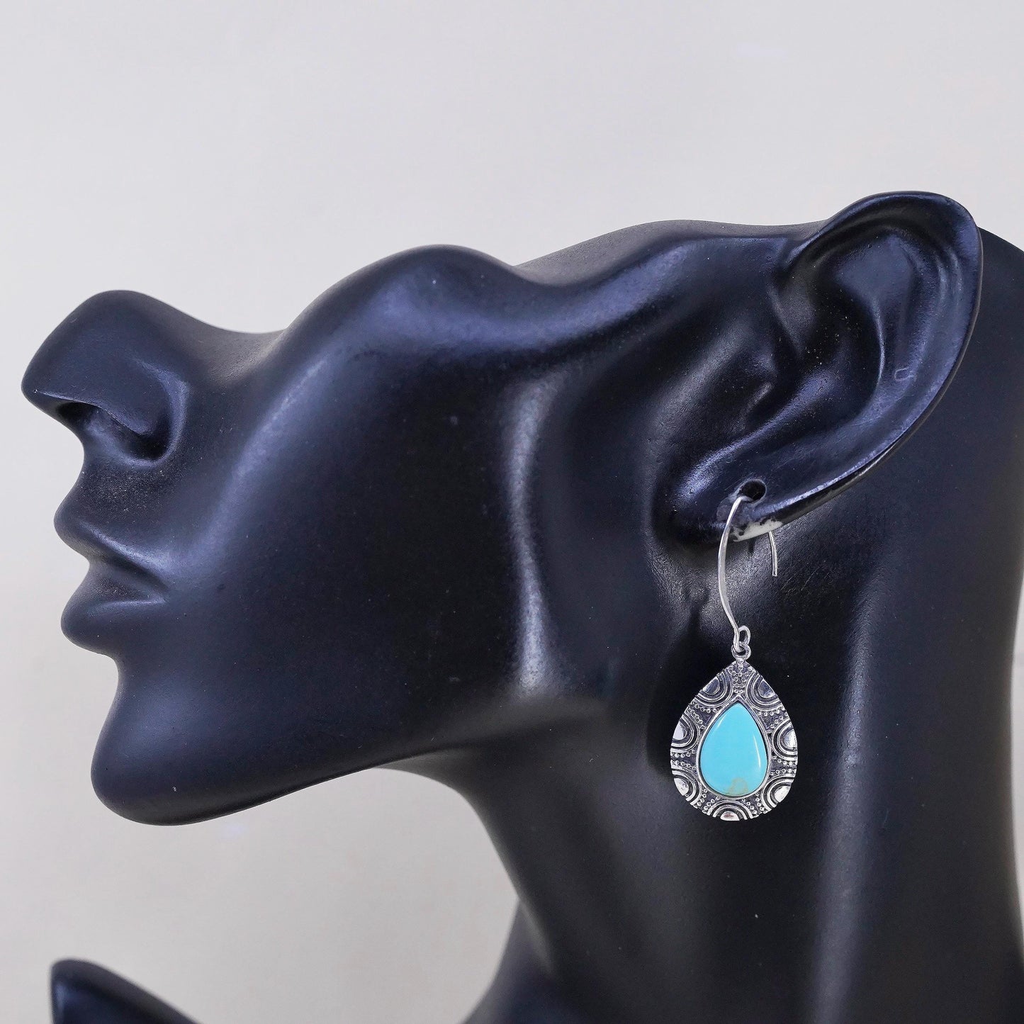 Southwestern sterling silver 925 handmade textured teardrop earrings turquoise