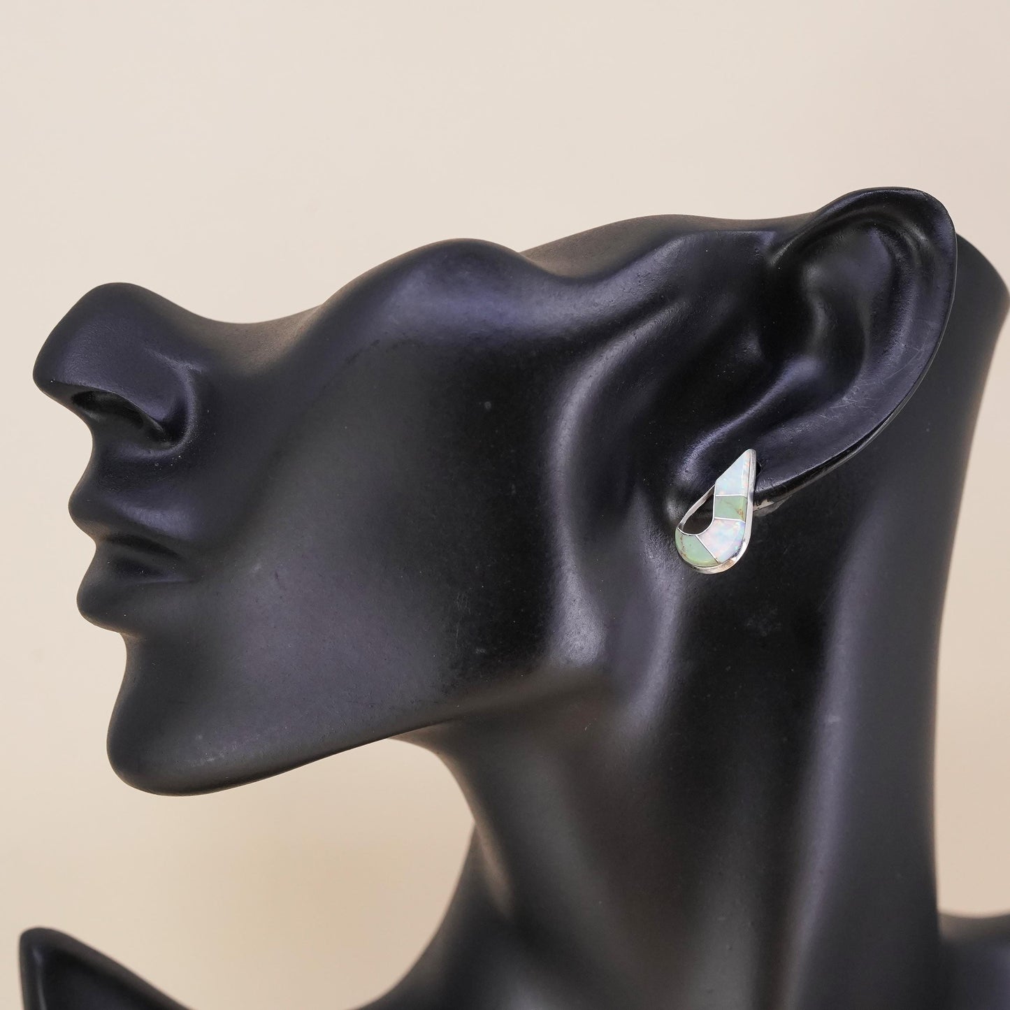 Native American Zuni single earring. Sterling 925 silver teardrop stud opal