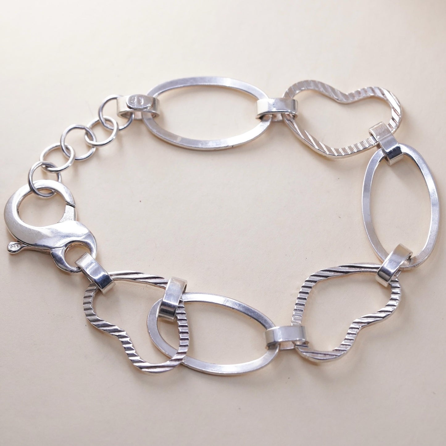 7.75”, Italian sterling silver bracelet, textured huge 925 heart oval chain