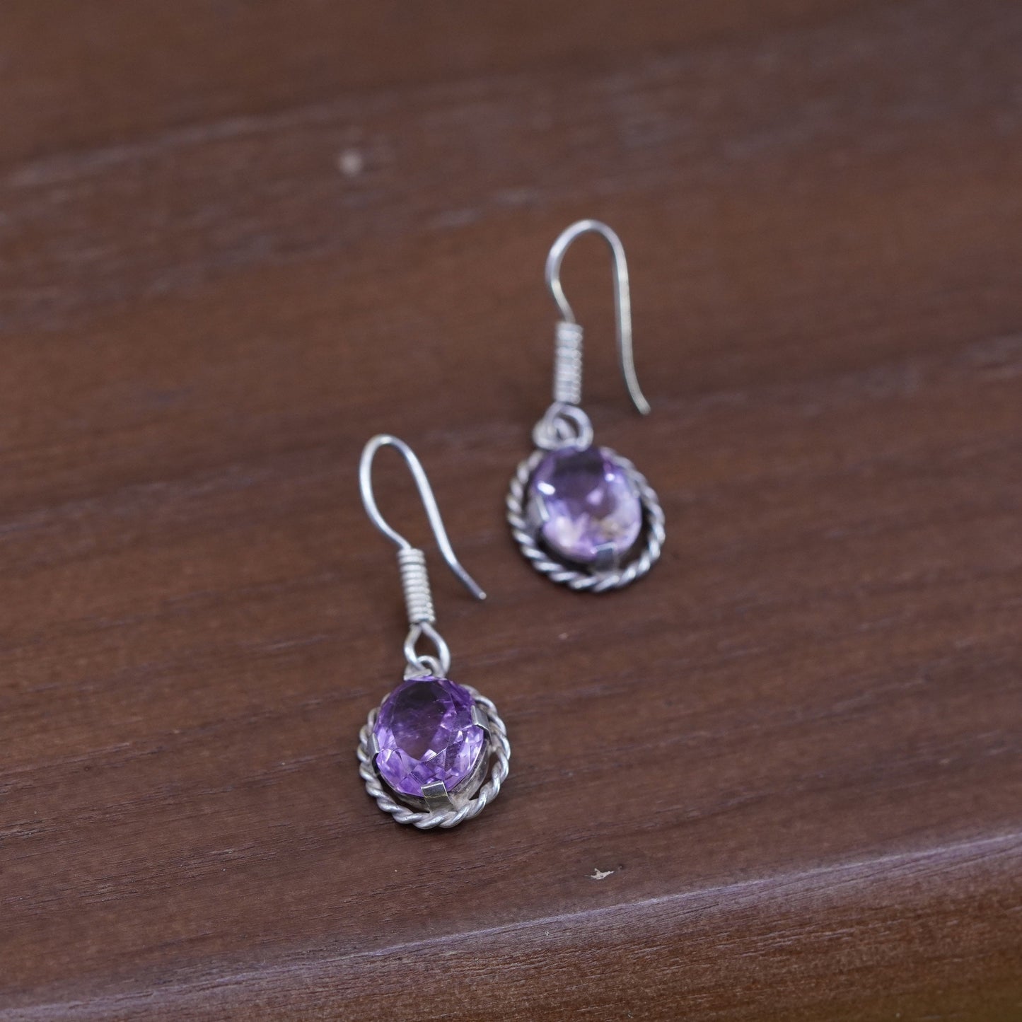 Vintage Sterling 925 silver handmade earrings with amethyst and cable around
