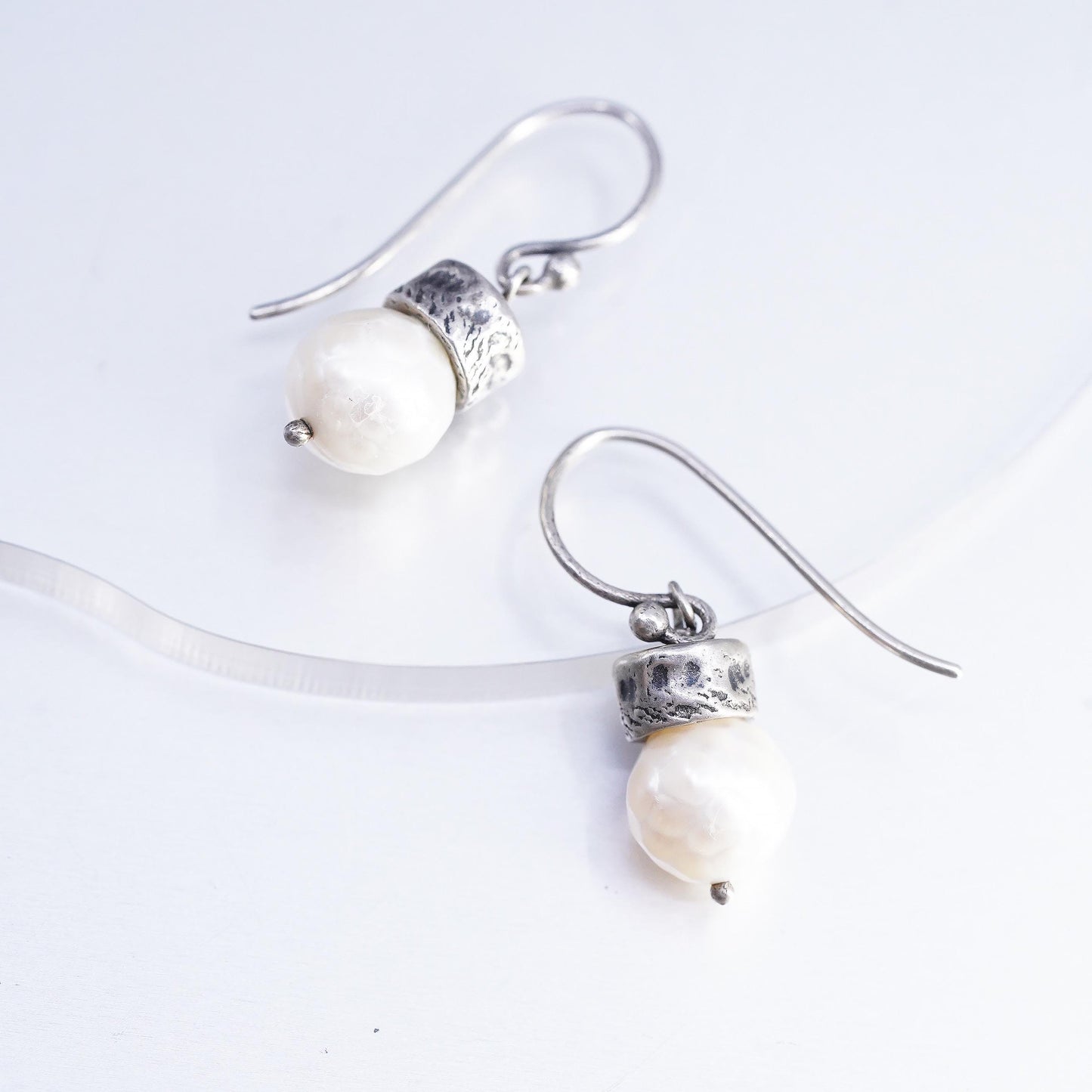 Vintage Sterling Silver Freshwater Pearl Dangle Earrings, Artisan Pearl Drops