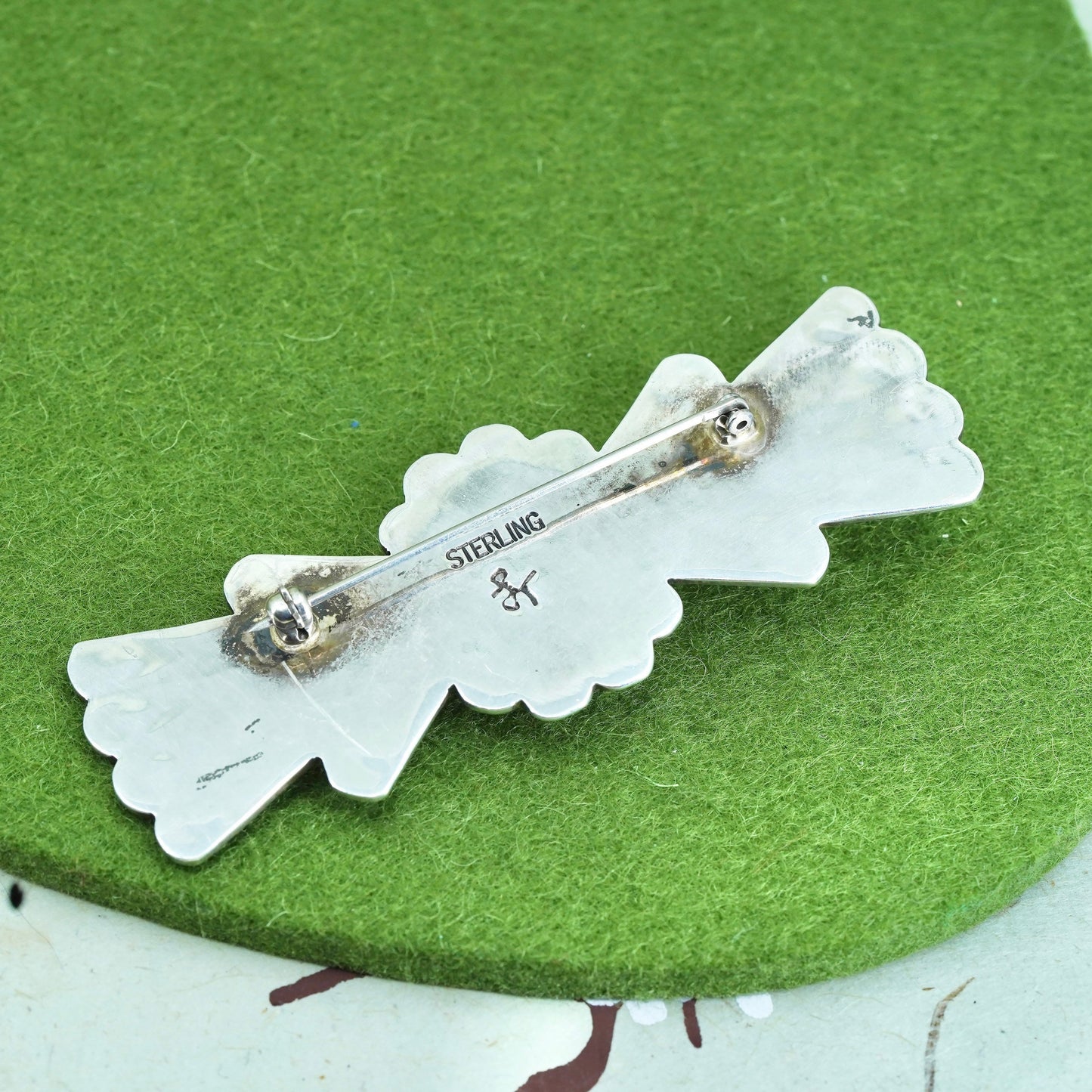 Native American Navajo sterling silver brooch, 925 ribbon bow tie pin turquoise