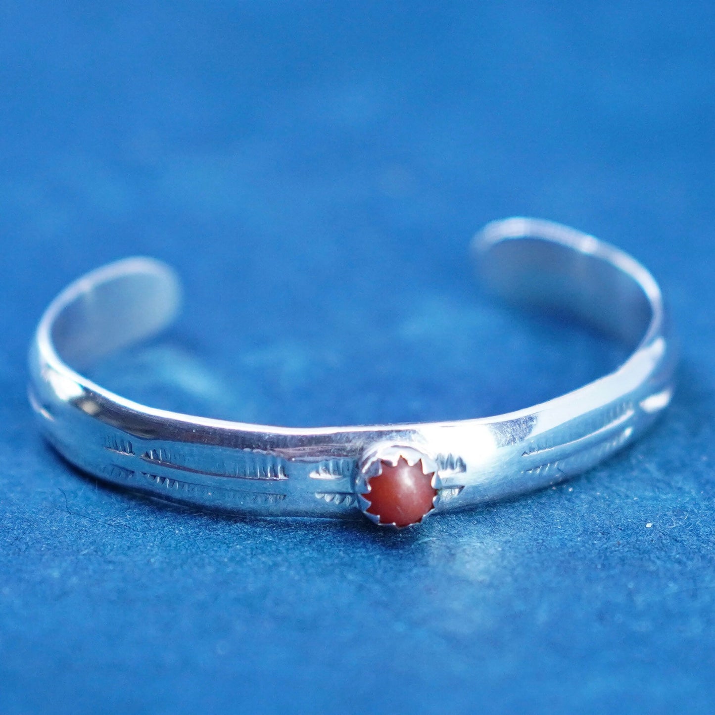 4.25”, Native American sterling silver bracelet, baby 925 cuff coral inlay