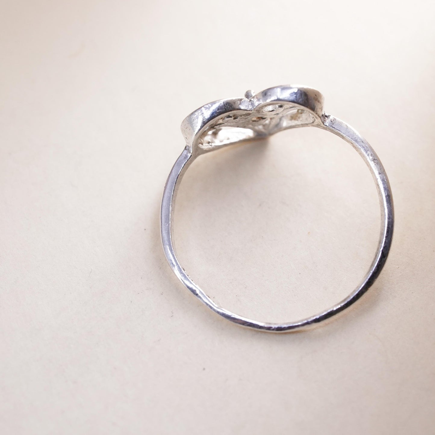 Size 7.25, Vintage sterling silver handmade ring, swirly heart ring with cz