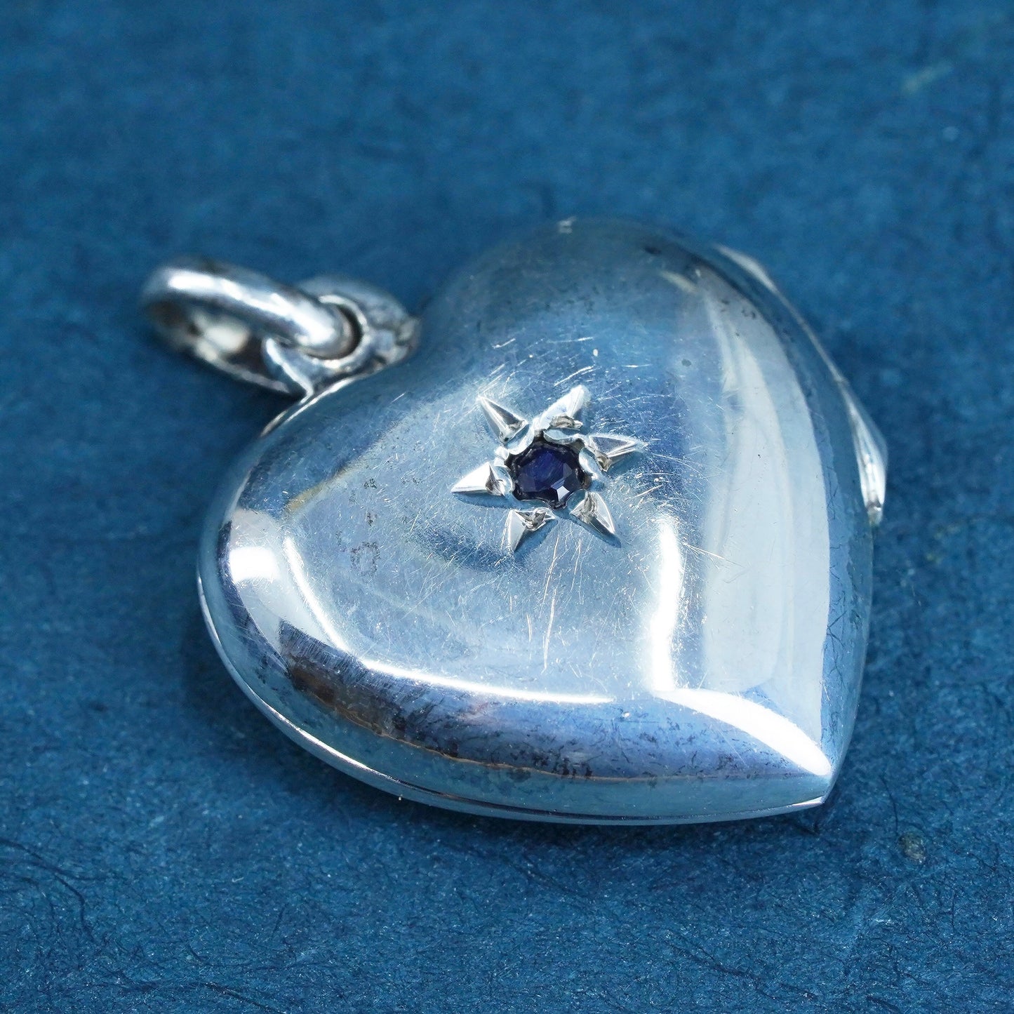 Vintage Sterling silver handmade pendant, 925 photo locket with sapphire center