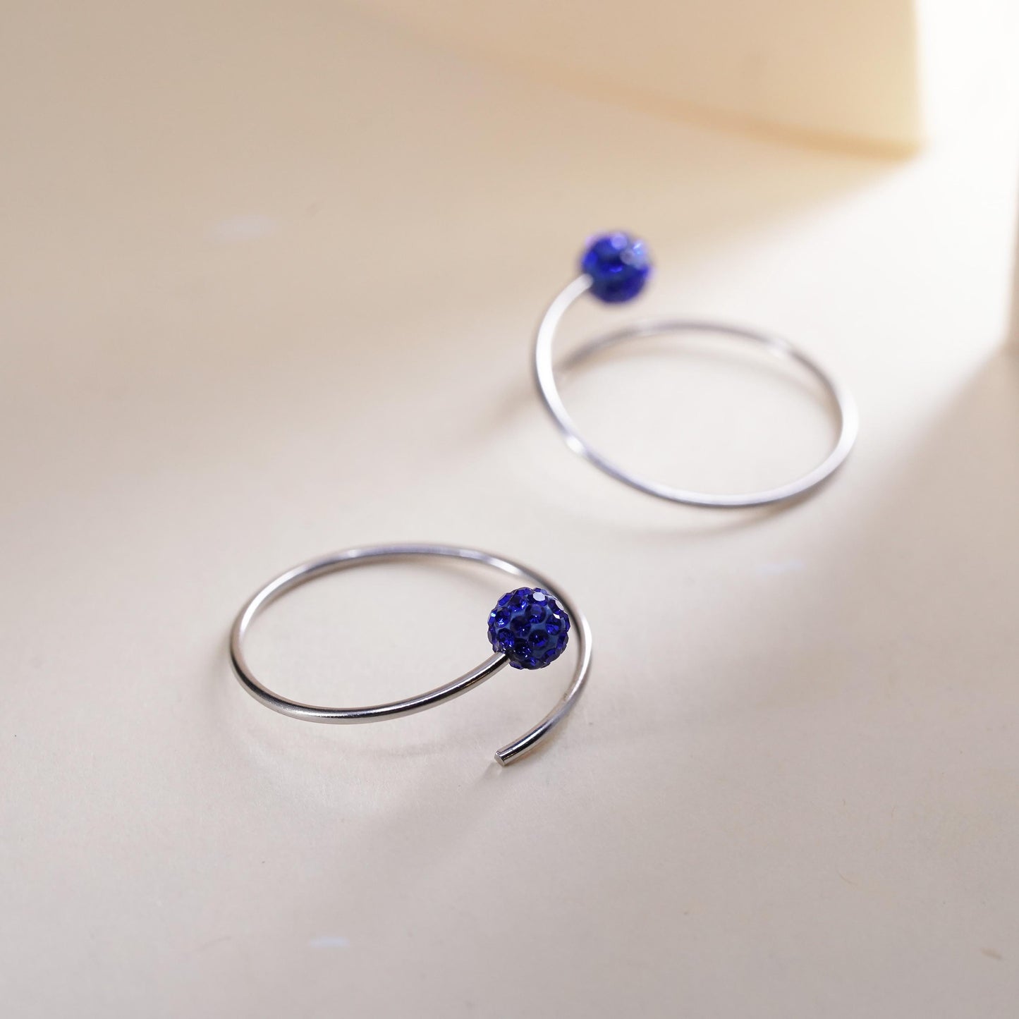0.75”, Vintage sterling silver loop earrings, hoops with blue crystal bead