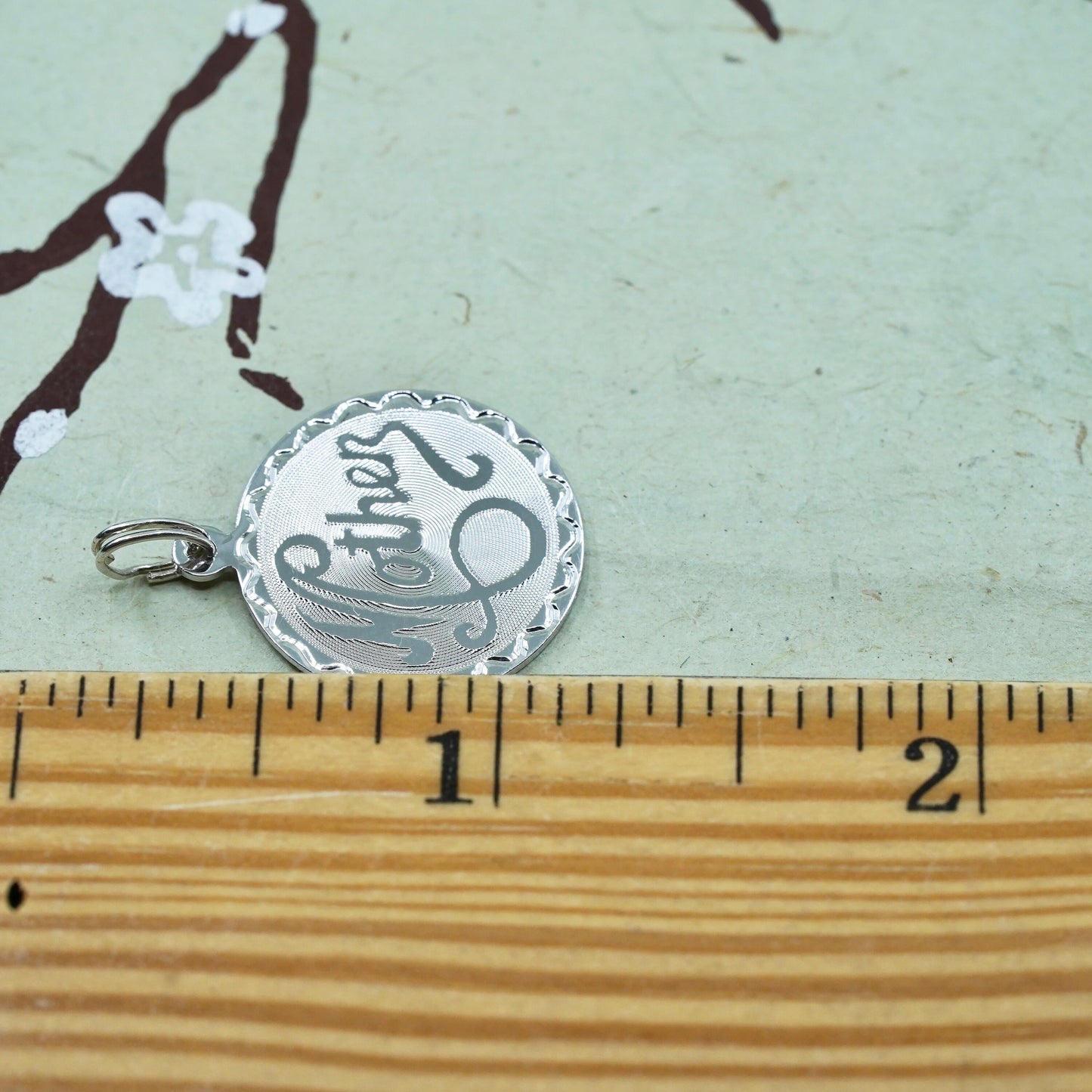 Vintage sterling silver pendant, 925 circle tag charm embossed “mother”