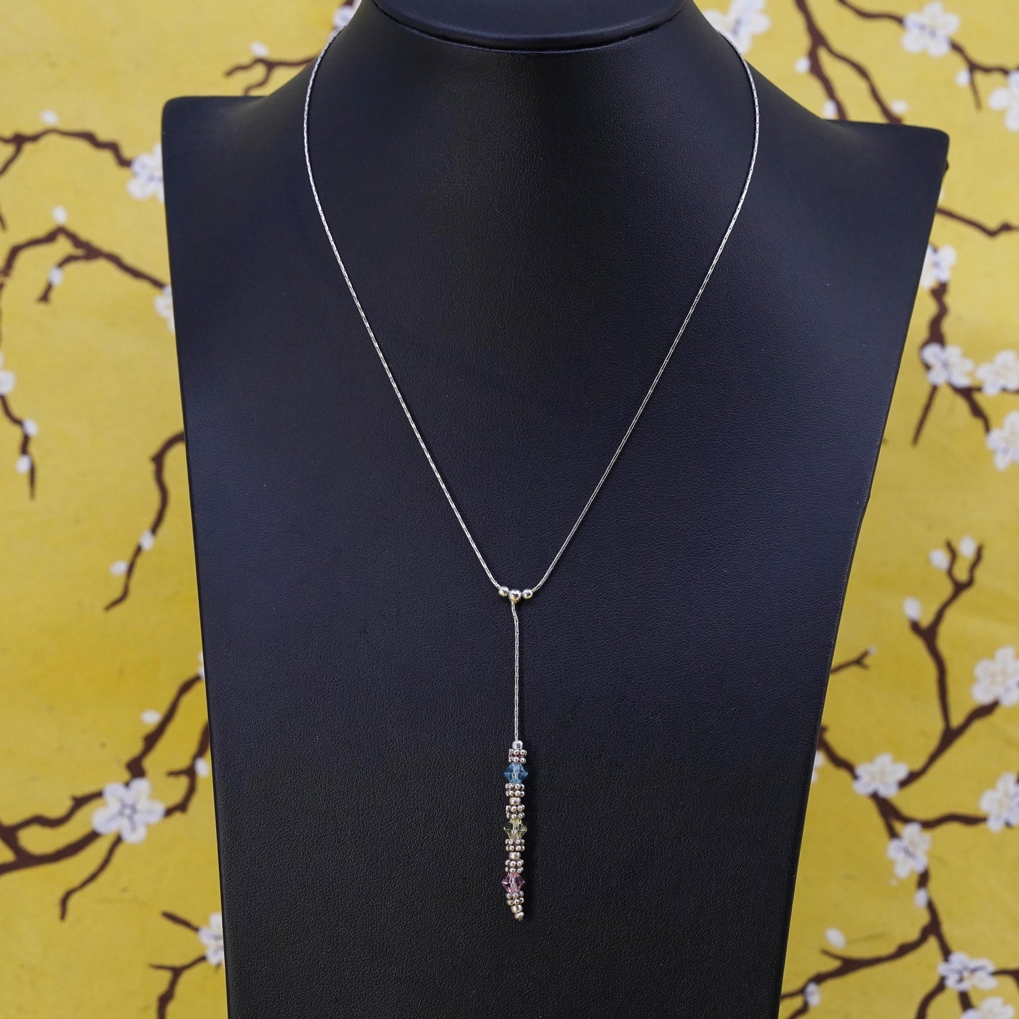 16” 1mm, vintage sterling 925 silver snake necklace with crystal pendant