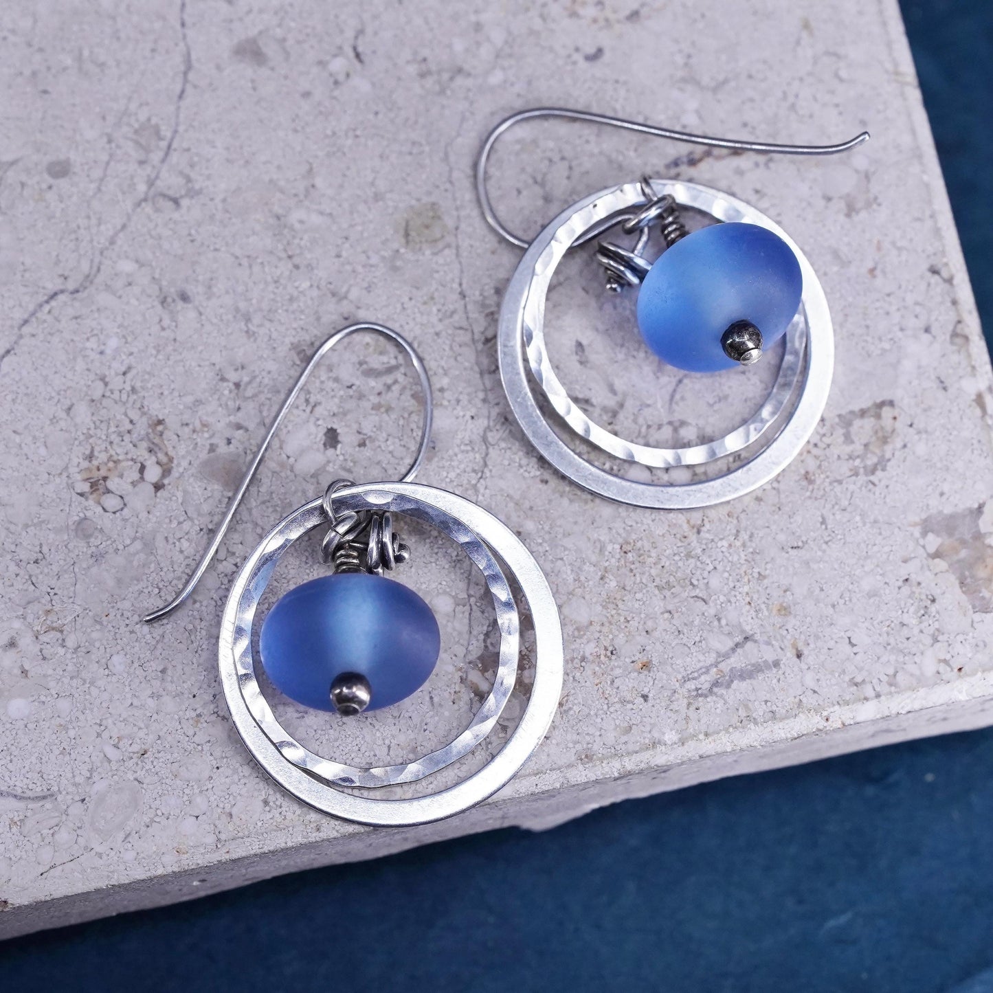 Vintage Sterling 925 silver handmade double circle earrings w/ blue glass bead