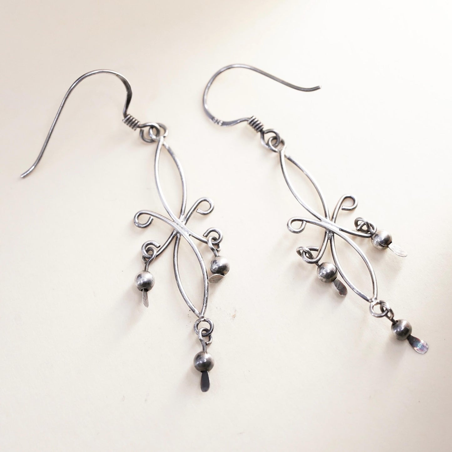 Vintage Sterling silver handmade earrings, 925 silver wired dangles