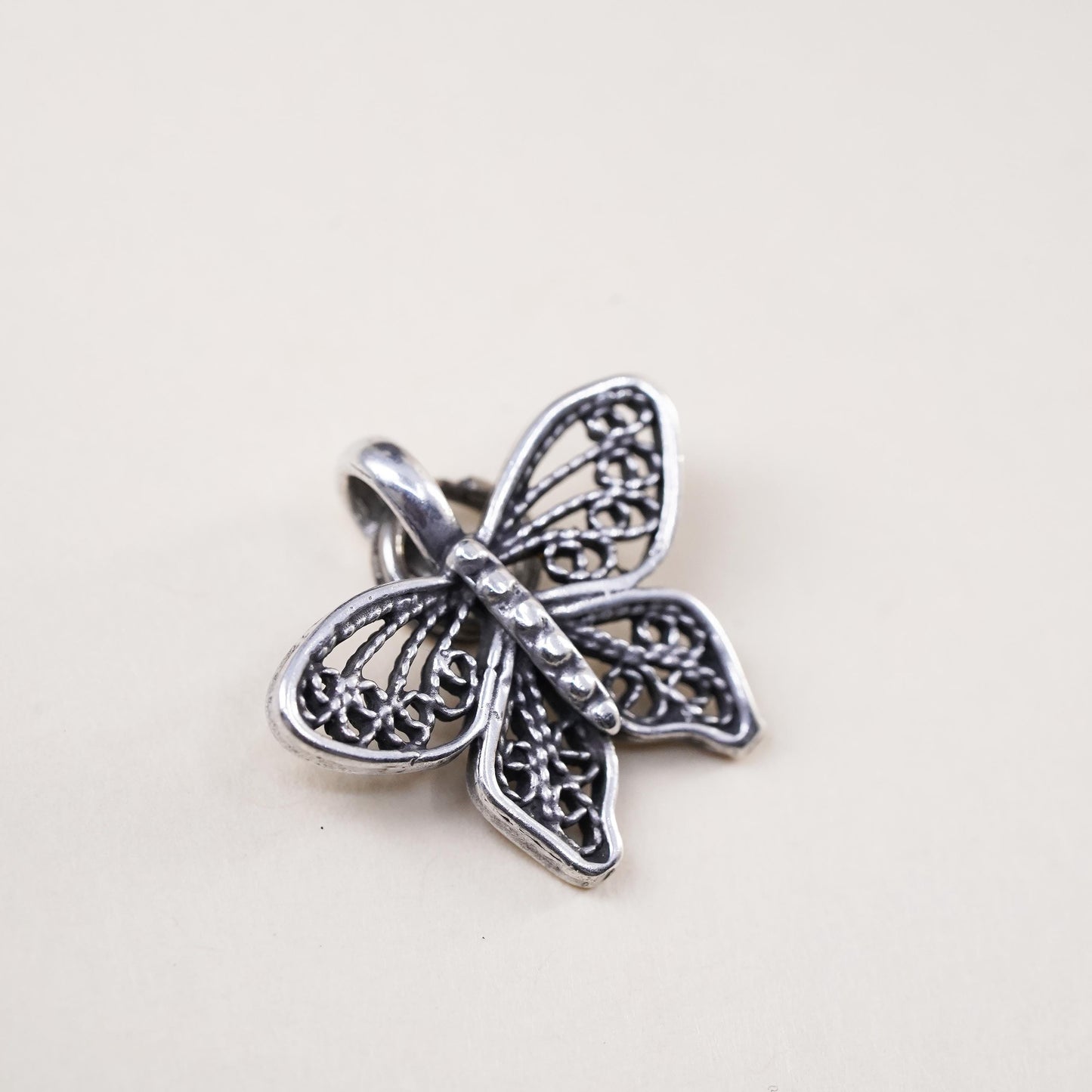 Vintage sterling silver filigree butterfly pendant, 925 handmade charm